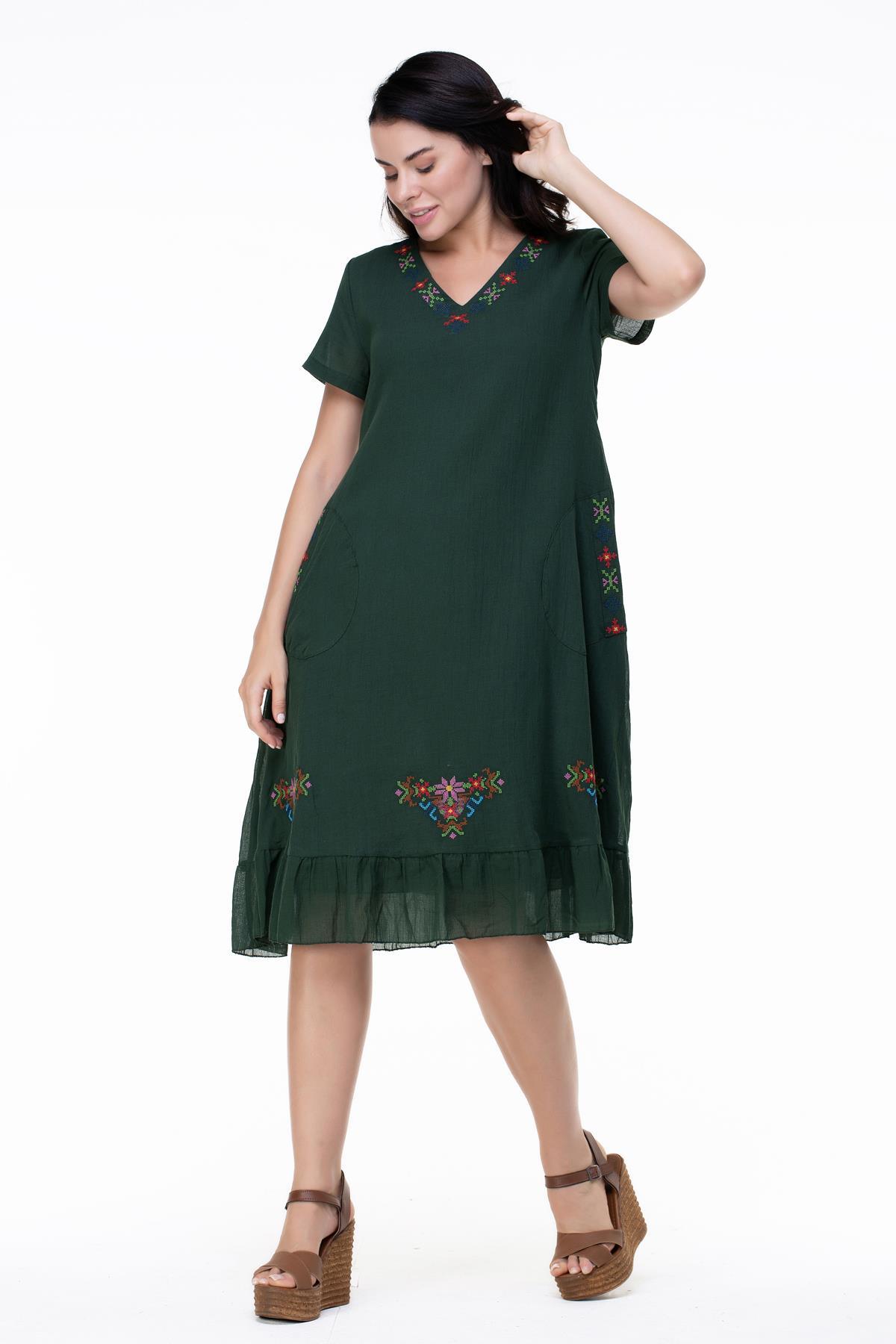 Kısa Kol Büyük Beden Mehtap Şile Bezi Nakış Detaylı Midi Boy Yazlık Otantik Elbise Yeşil Ysl