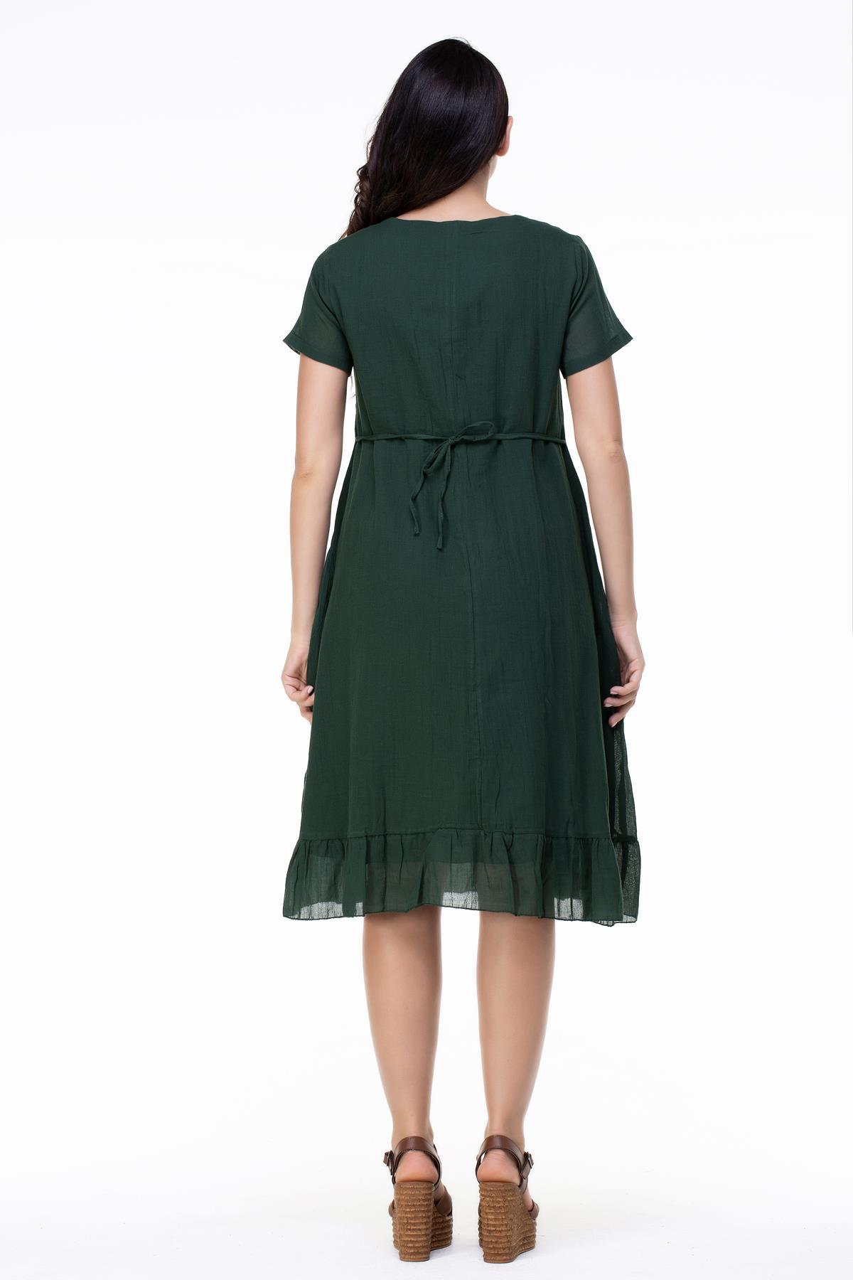 Kısa Kol Büyük Beden Mehtap Şile Bezi Nakış Detaylı Midi Boy Yazlık Otantik Elbise Yeşil Ysl