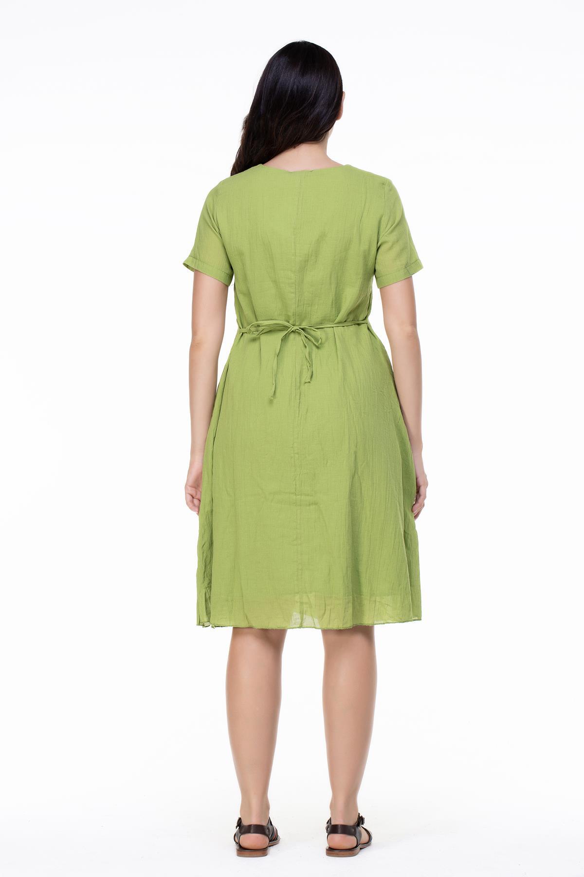 Kısa Kol Büyük Beden Vual Neslihan Midi Boy Çiçek Desen Yazlık Elbise Fıstık Yeşili fysl