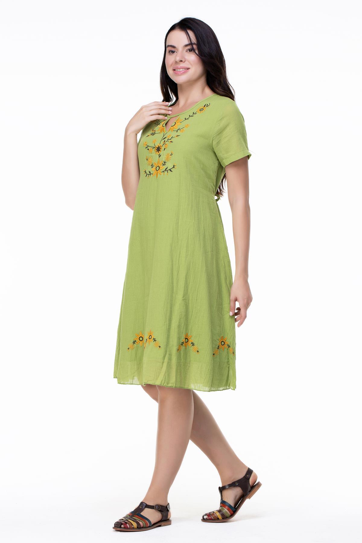 Kısa Kol Büyük Beden Vual Neslihan Midi Boy Çiçek Desen Yazlık Elbise Fıstık Yeşili fysl