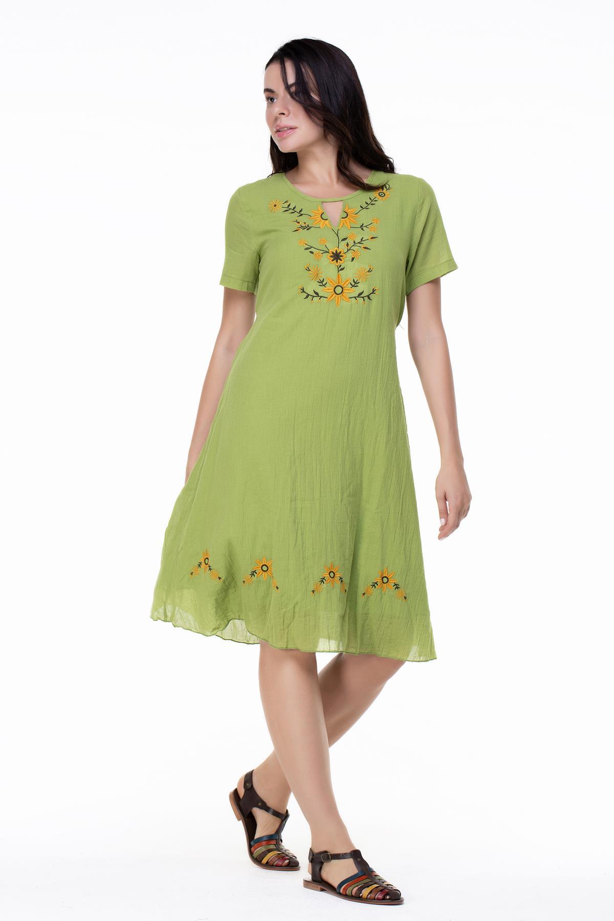 Kısa Kol Büyük Beden Vual Neslihan Midi Boy Çiçek Desen Yazlık Elbise Fıstık Yeşili fysl