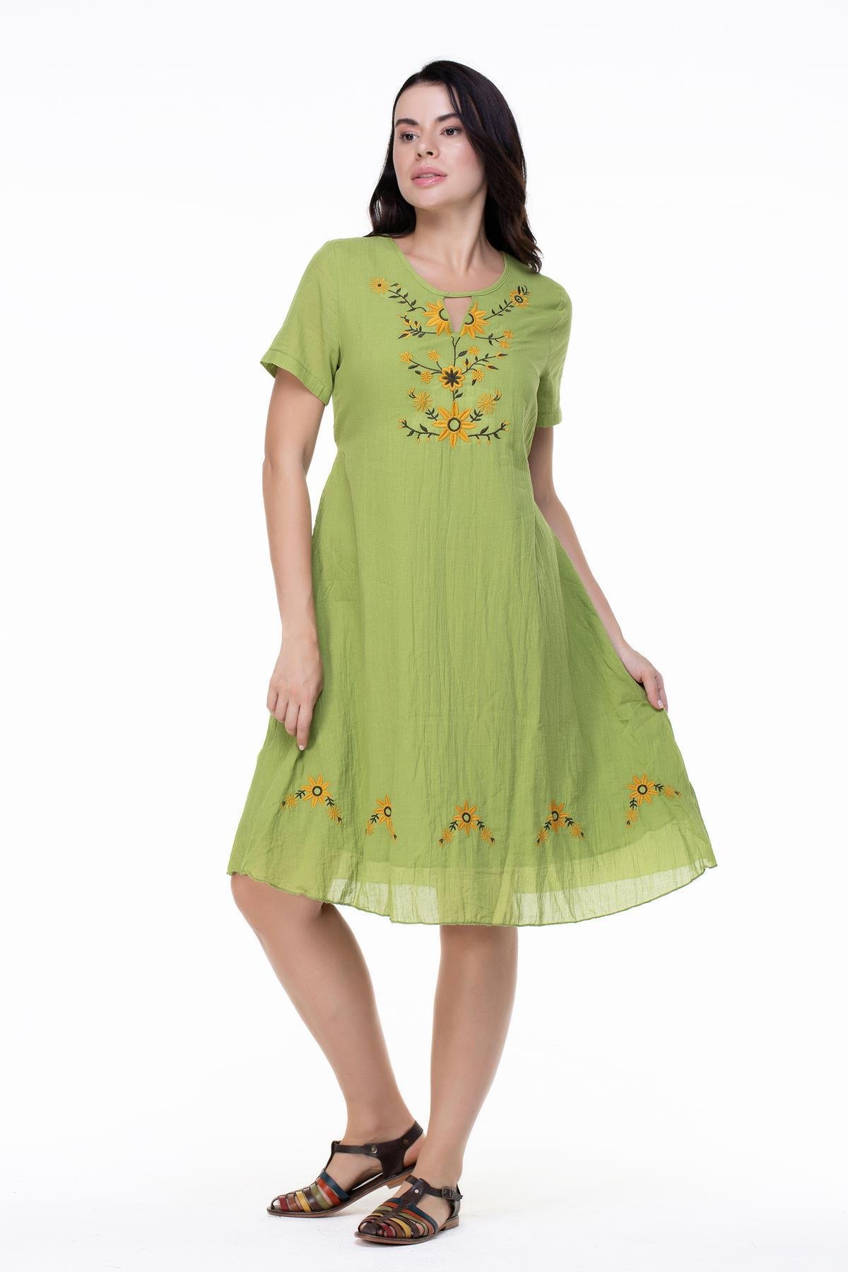 Kısa Kol Büyük Beden Vual Neslihan Midi Boy Çiçek Desen Yazlık Elbise Fıstık Yeşili fysl