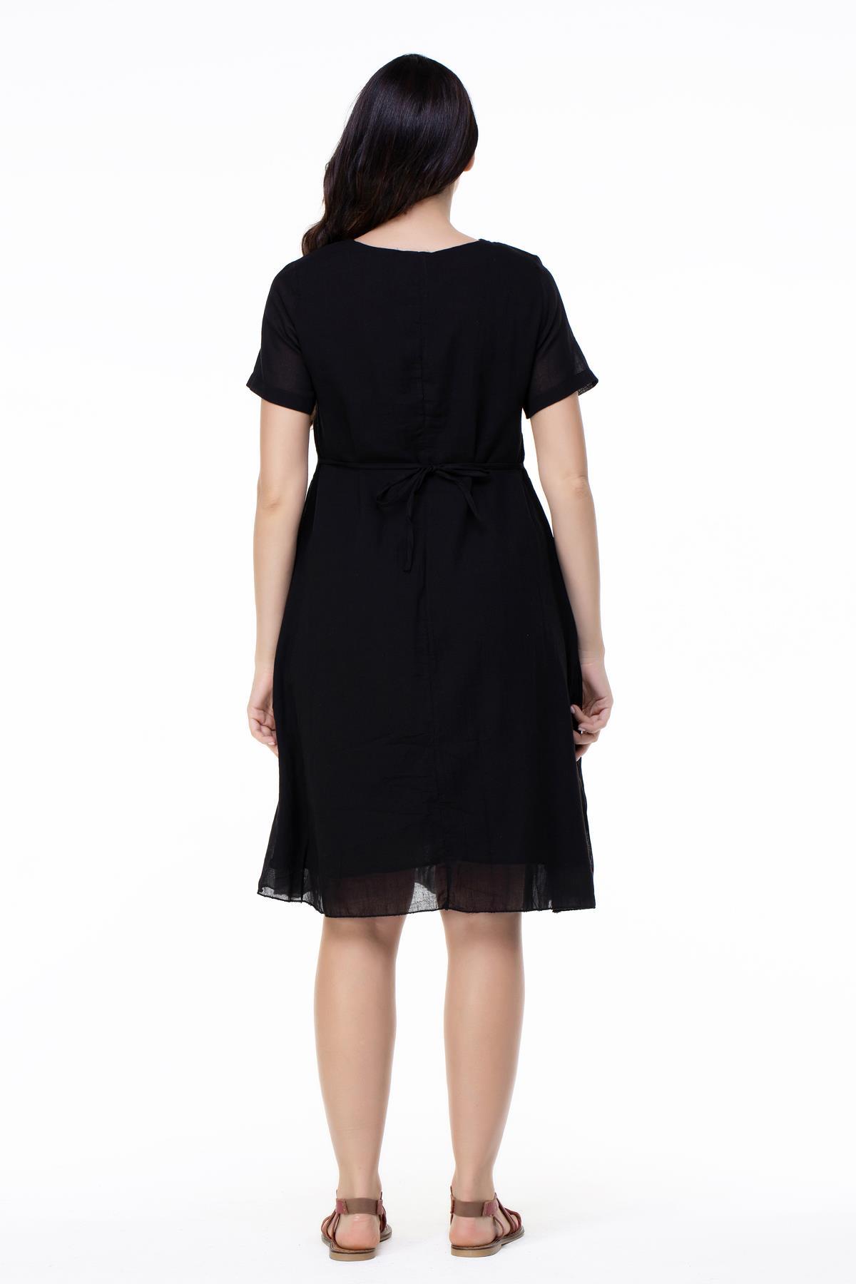 Kısa Kol Büyük Beden Vual Neslihan Midi Boy Çiçek Desen Yazlık Elbise Siyah Syh