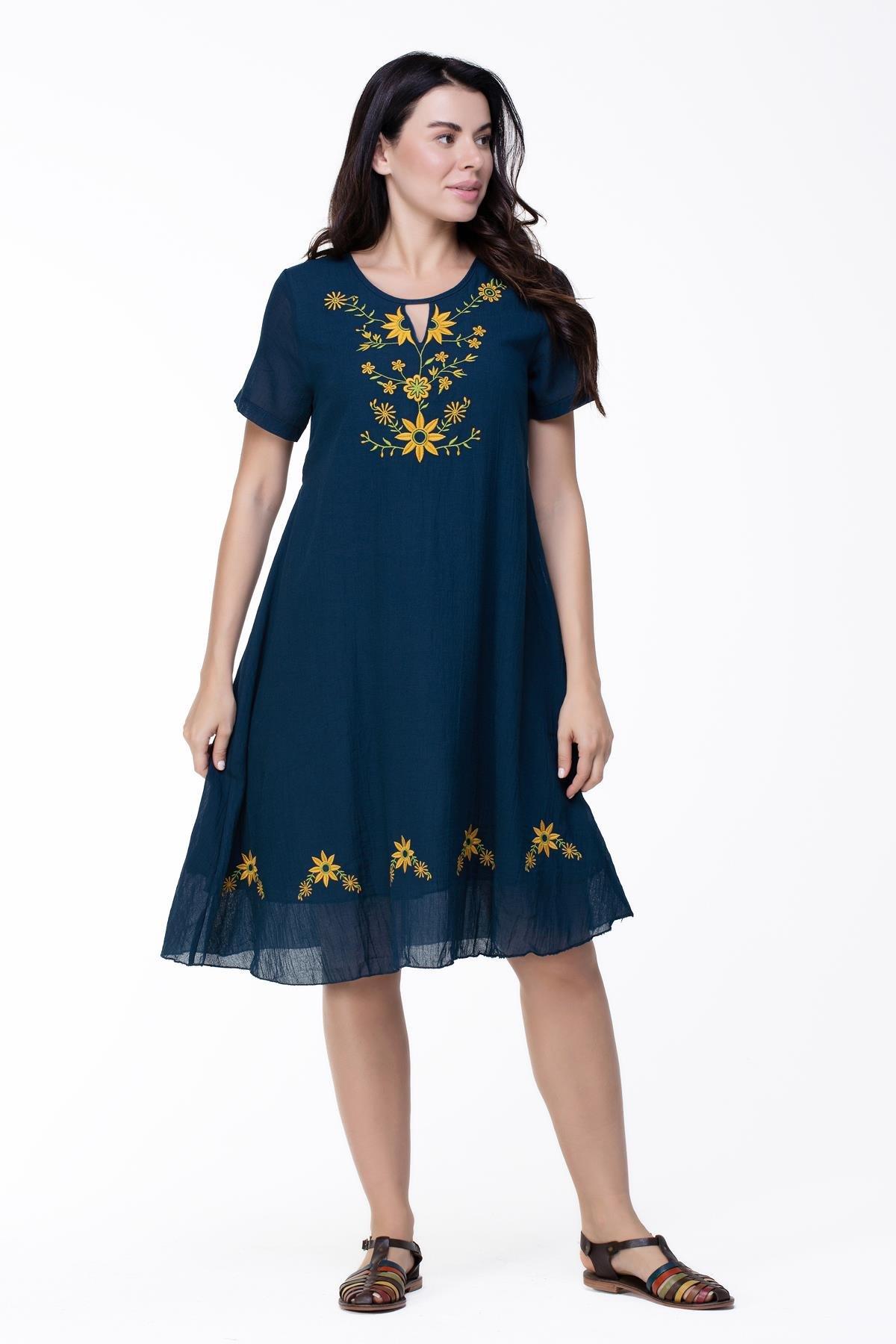 Kısa Kol Büyük Beden Vual Neslihan Midi Boy Çiçek Desen Yazlık Elbise Petrol Ptrl