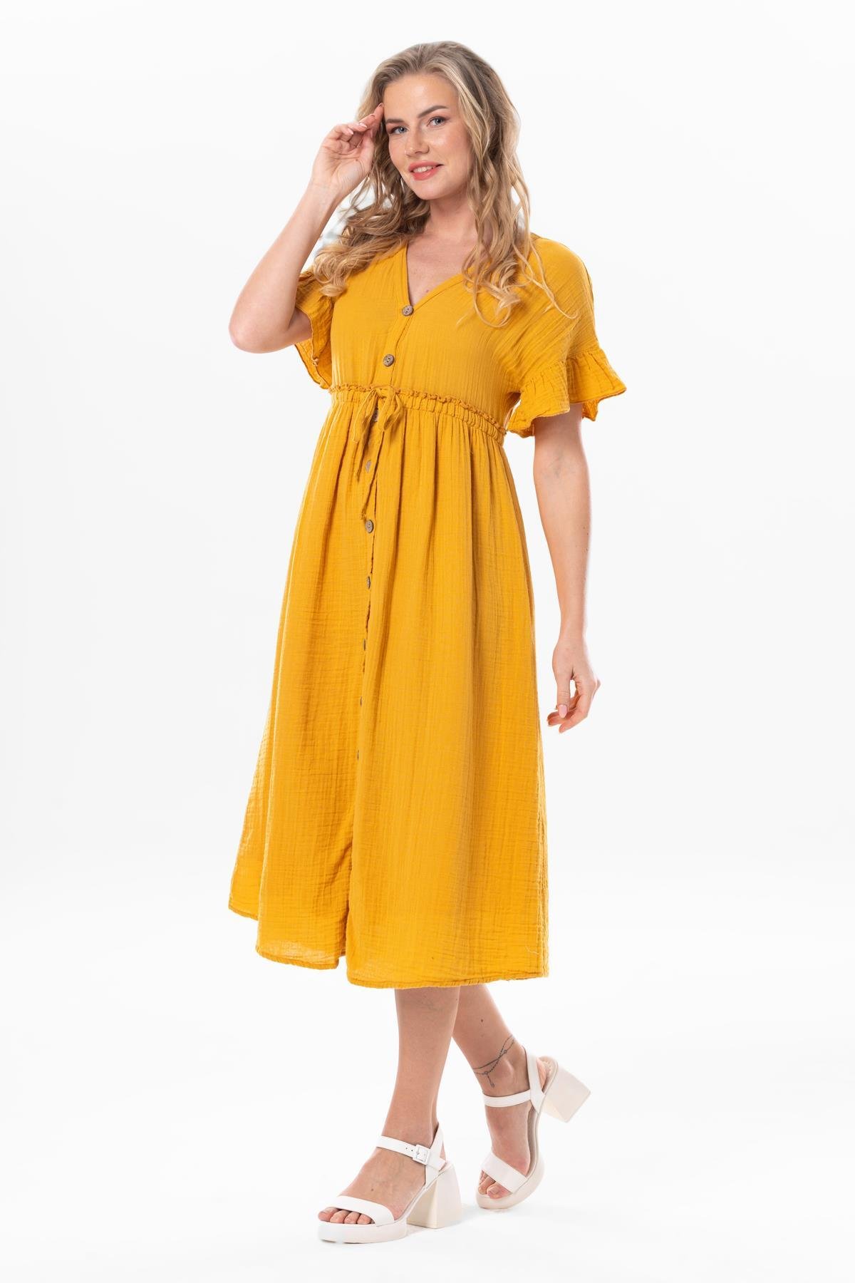 Kısa Kol Büzgülü Afra Midi Boy Yazlık Müslin Elbise Hardal Hrd