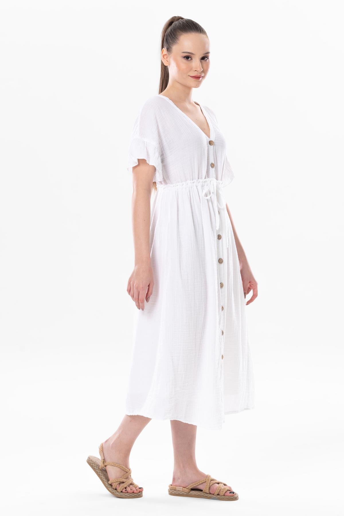 Kısa Kol Büzgülü Afra Midi Boy Yazlık Müslin Elbise Beyaz Byz
