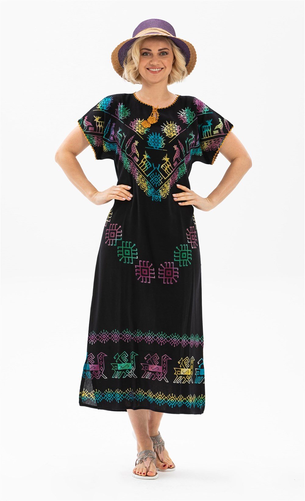 Kısa Kol Pamuk Hitit Midi Boy Elbise Geyik Desen Renkli