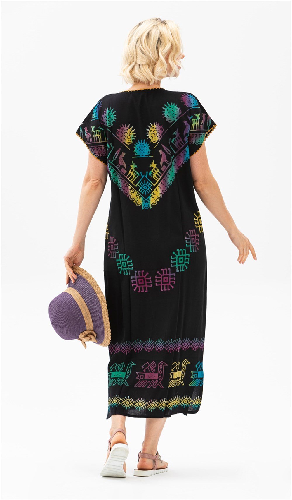 Kısa Kol Pamuk Hitit Midi Boy Elbise Geyik Desen Renkli