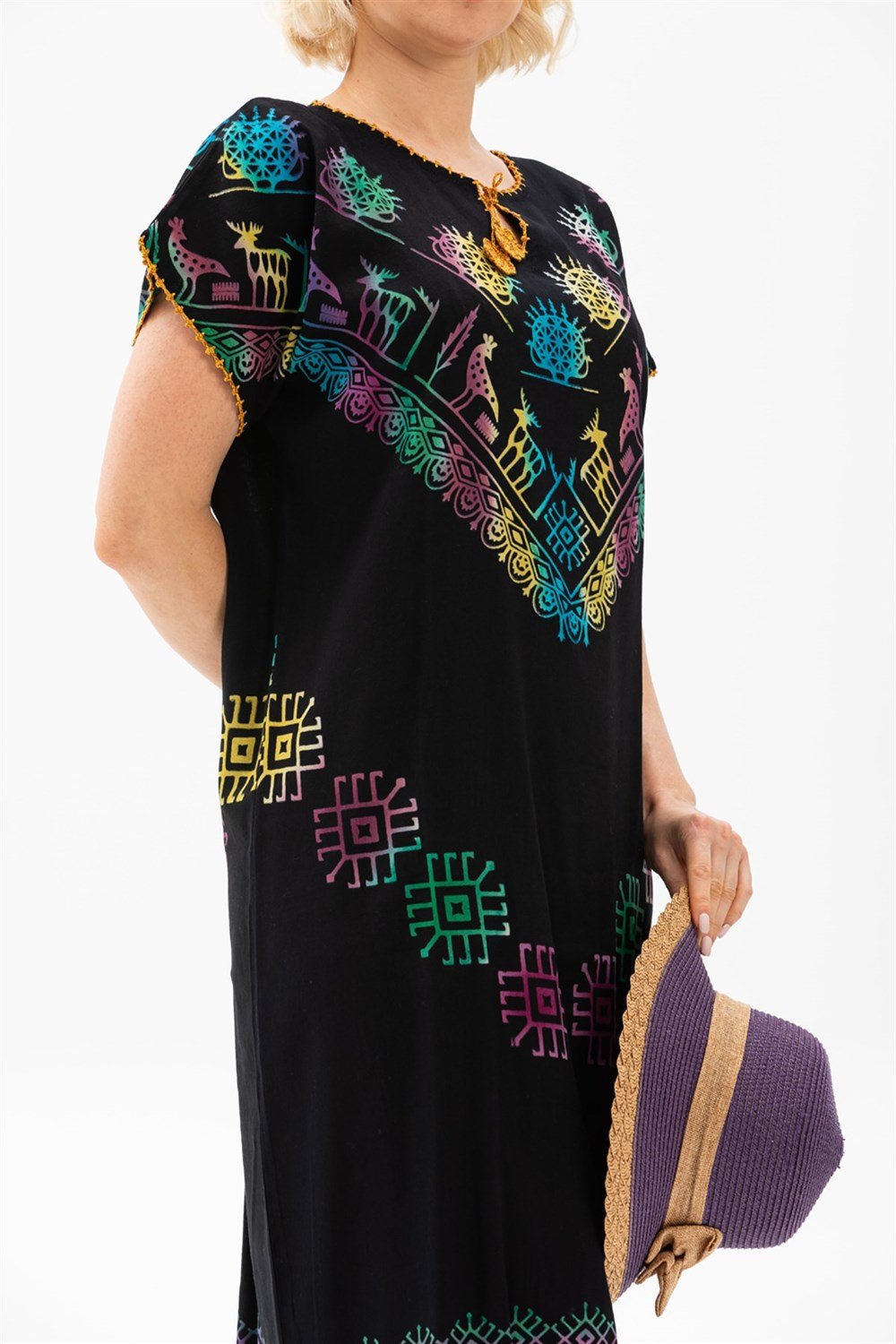 Kısa Kol Pamuk Hitit Midi Boy Elbise Geyik Desen Renkli