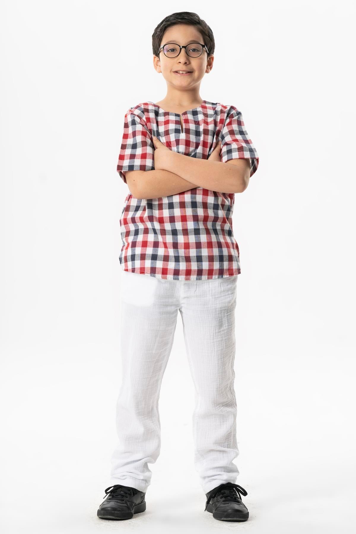 Kısa Kol Şile Bezi Bisiklet Yaka Yazlık Erkek Çocuk Tshirt Kırmızı Lacivert Kareli 3008