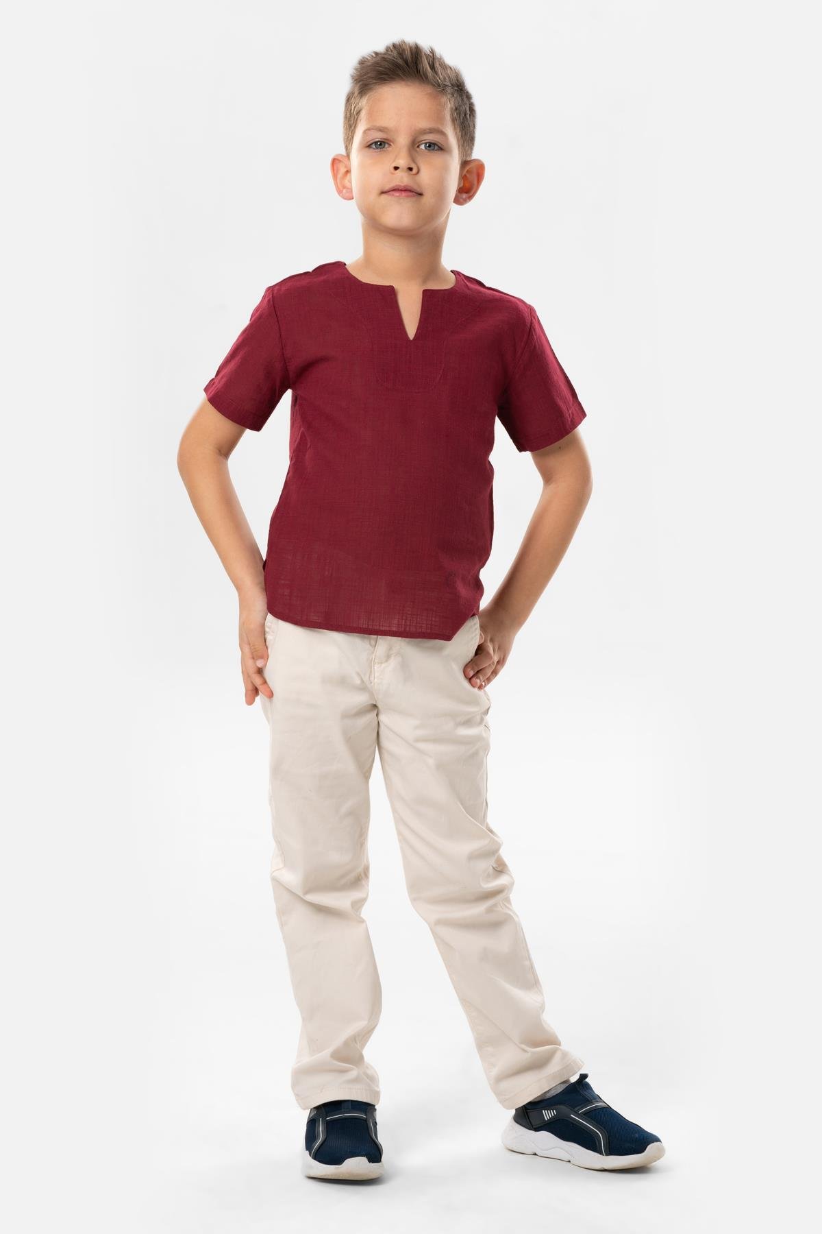 Kısa Kol Şile Bezi Bisiklet Yaka Yazlık Erkek Çocuk Tshirt Koyu Bordo 3068