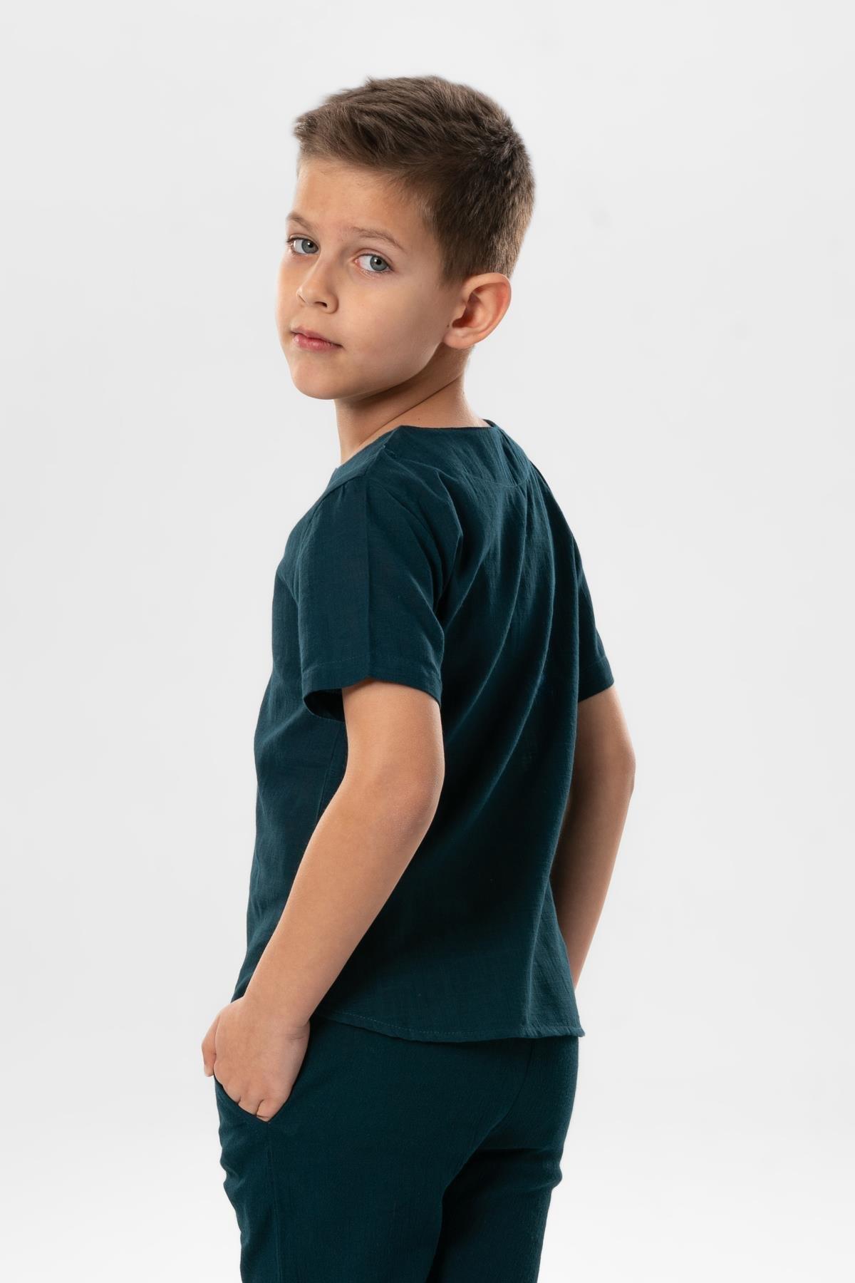 Kısa Kol Şile Bezi Bisiklet Yaka Yazlık Erkek Çocuk Tshirt Koyu Petrol 3069