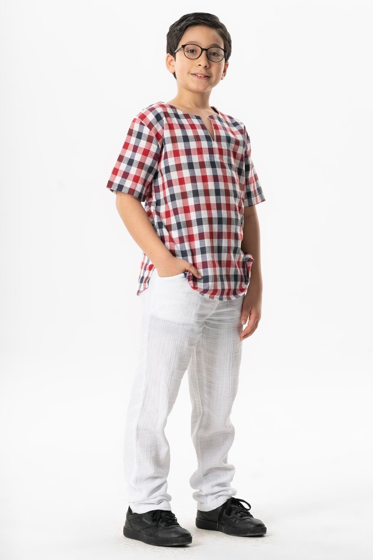 Kısa Kol Şile Bezi Bisiklet Yaka Yazlık Erkek Çocuk Tshirt Kırmızı Lacivert Kareli 3008