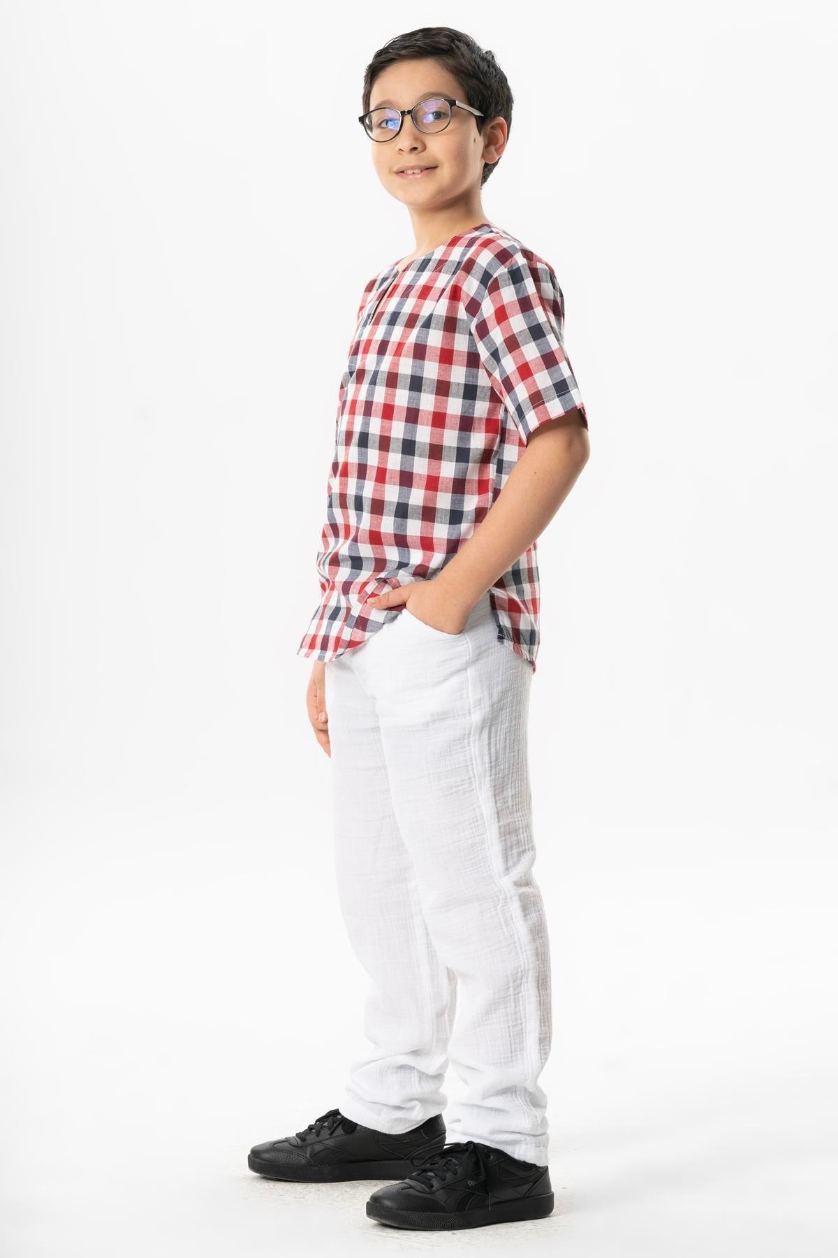 Kısa Kol Şile Bezi Bisiklet Yaka Yazlık Erkek Çocuk Tshirt Kırmızı Lacivert Kareli 3008