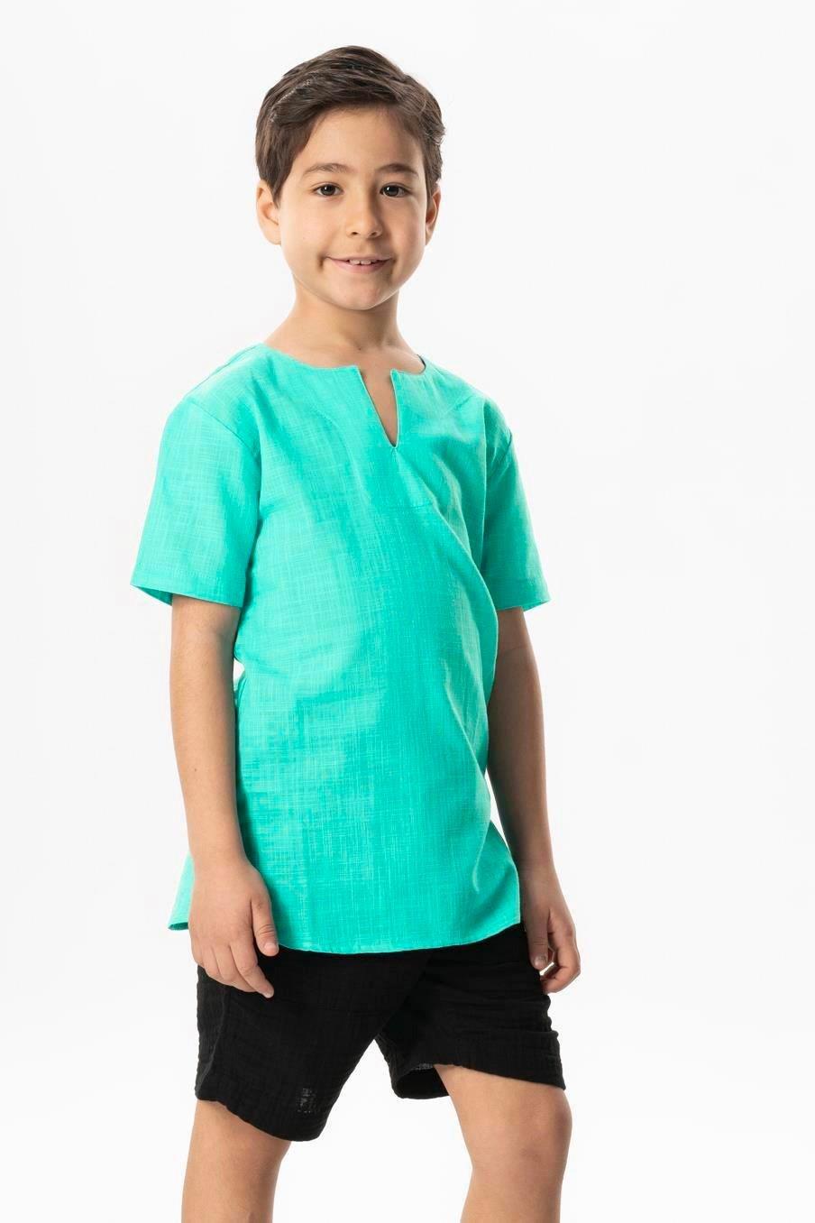 Kısa Kol Şile Bezi Bisiklet Yaka Yazlık Erkek Çocuk Tshirt Su Yeşili 3047