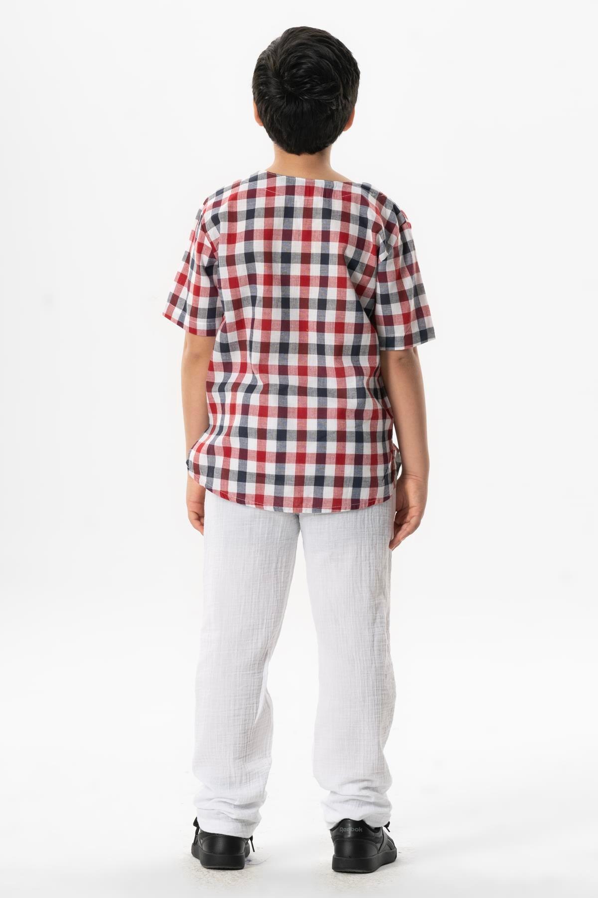 Kısa Kol Şile Bezi Bisiklet Yaka Yazlık Erkek Çocuk Tshirt Kırmızı Lacivert Kareli 3008