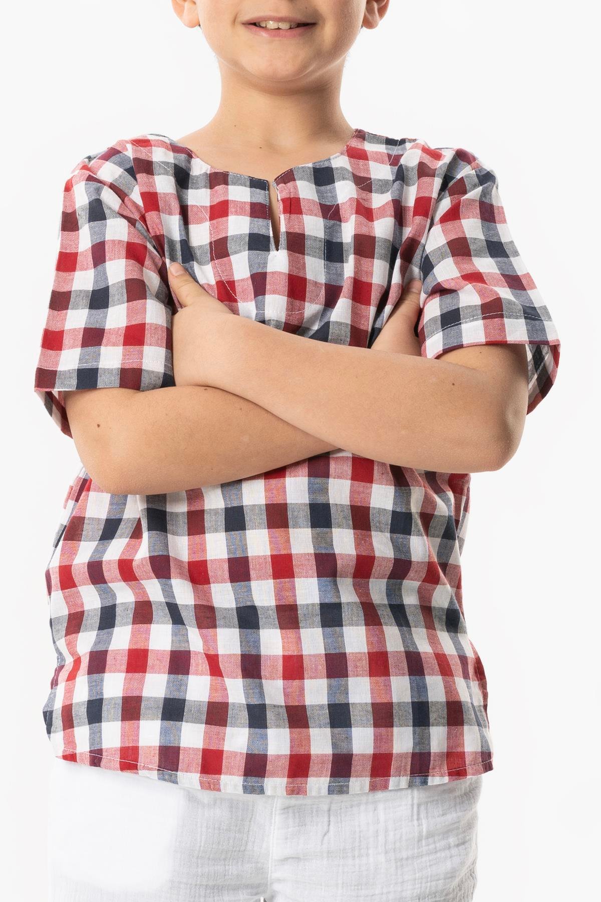 Kısa Kol Şile Bezi Bisiklet Yaka Yazlık Erkek Çocuk Tshirt Kırmızı Lacivert Kareli 3008