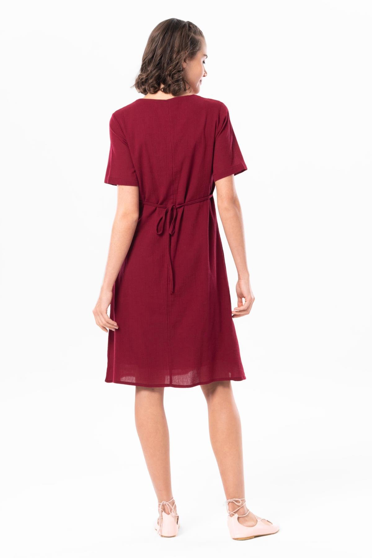 Kısa Kol Şile Bezi Kare Yaka Narin Kısa Yazlık Elbise Bordo Brd