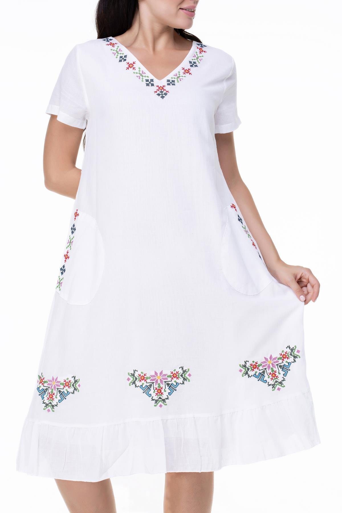 Kısa Kol Şile Bezi Mehtap Midi Boy Nakış Detaylı Elbise Beyaz Byz