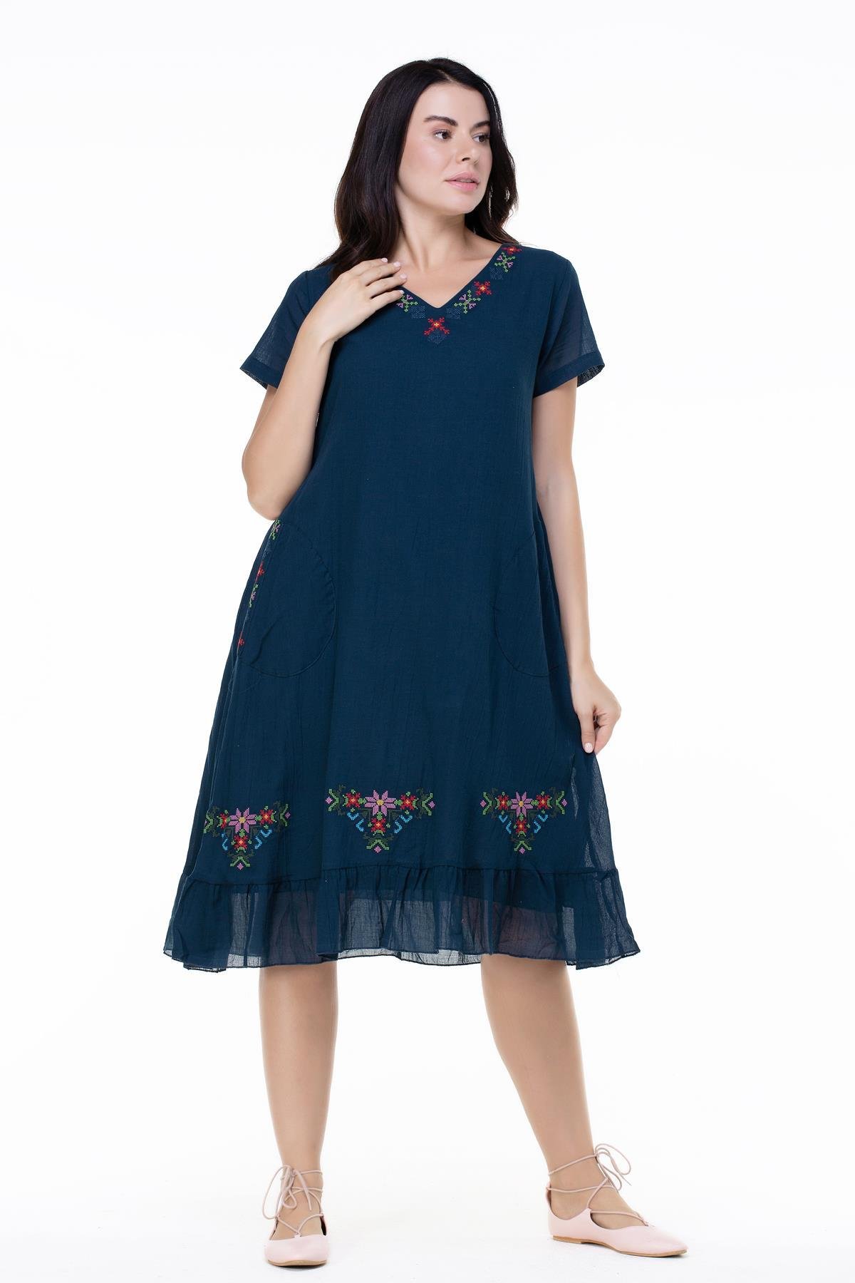 Kısa Kol Şile Bezi Mehtap Midi Boy Nakış Detaylı Elbise Petrol Ptrl