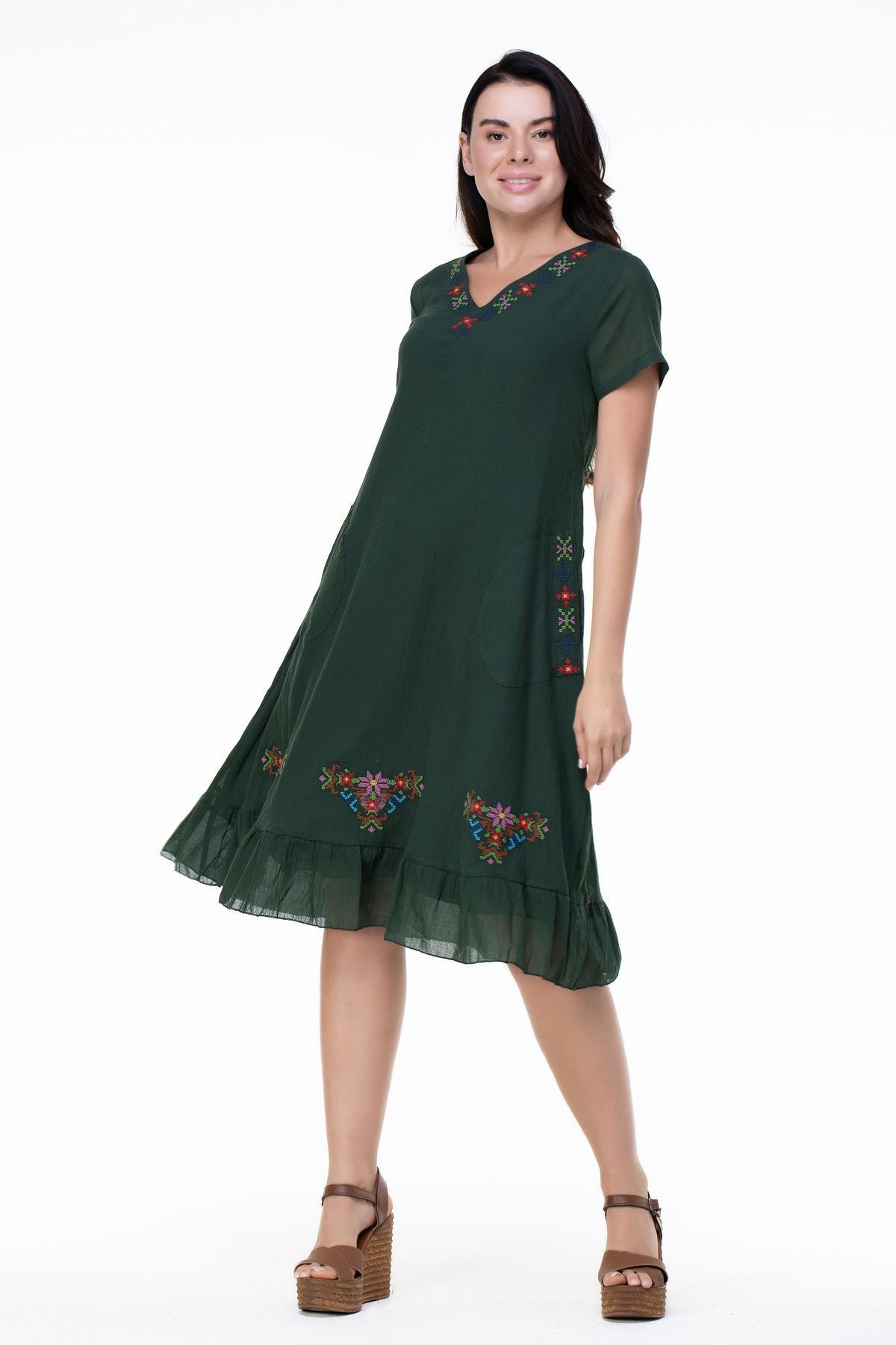 Kısa Kol Şile Bezi Mehtap Midi Boy Nakış Detaylı Elbise Yeşil Ysl