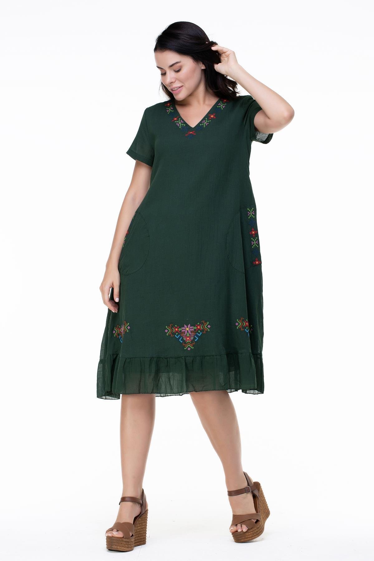 Kısa Kol Şile Bezi Mehtap Midi Boy Nakış Detaylı Elbise Yeşil Ysl