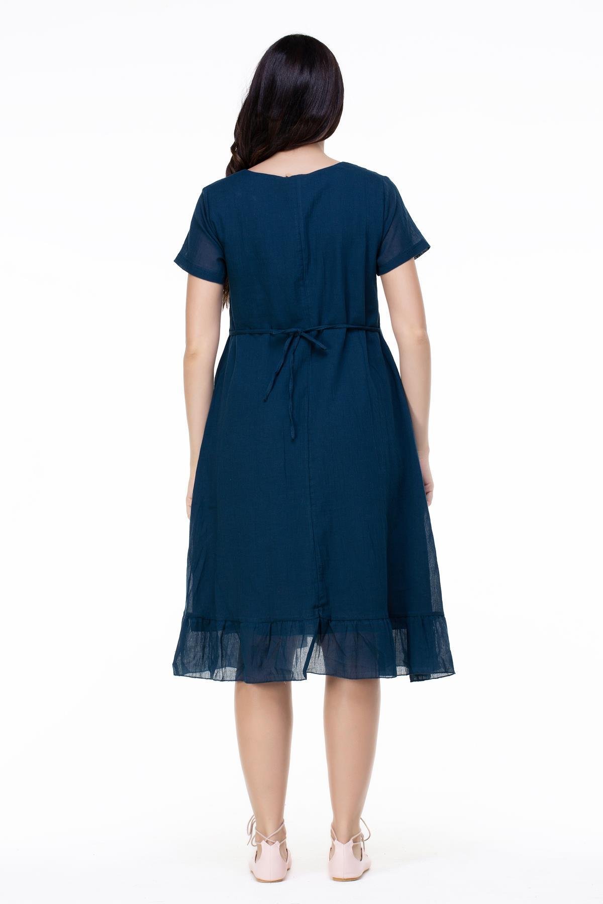 Kısa Kol Şile Bezi Mehtap Midi Boy Nakış Detaylı Elbise Petrol Ptrl