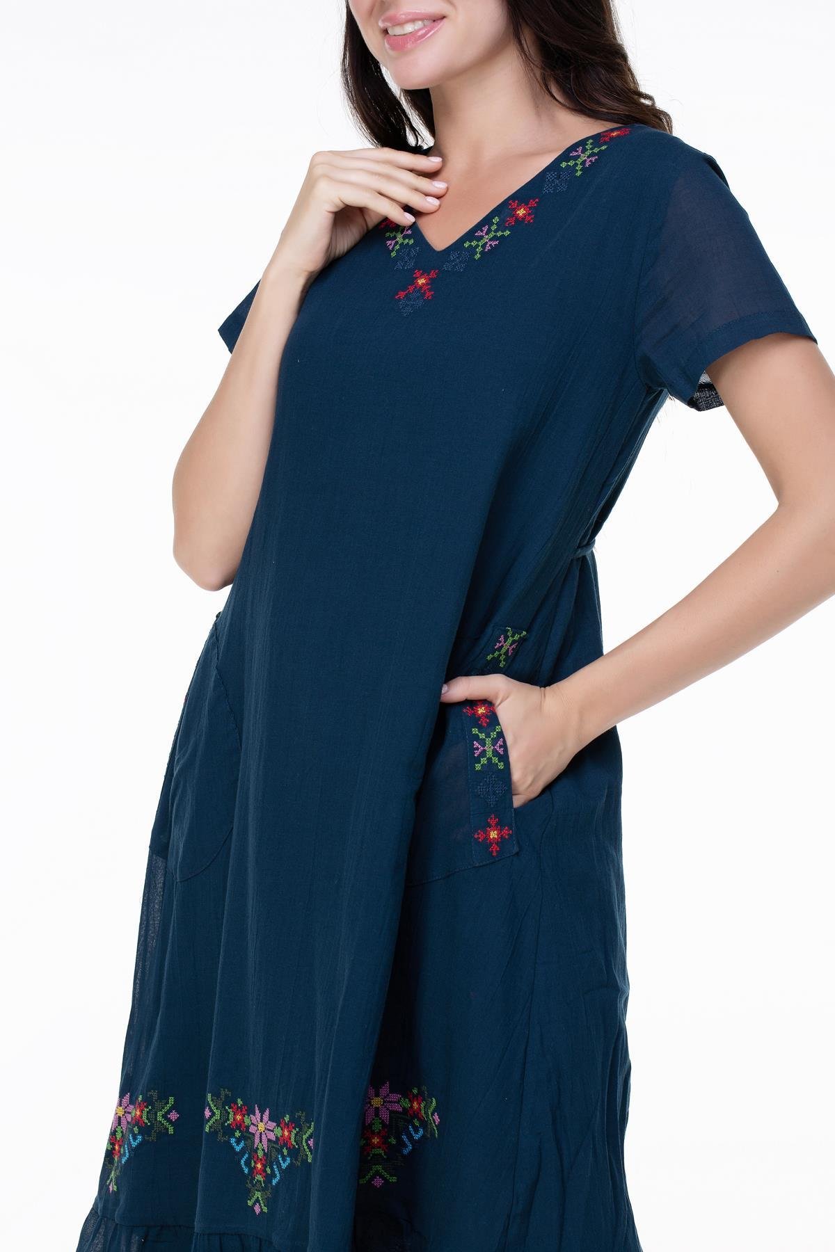 Kısa Kol Şile Bezi Mehtap Midi Boy Nakış Detaylı Elbise Petrol Ptrl