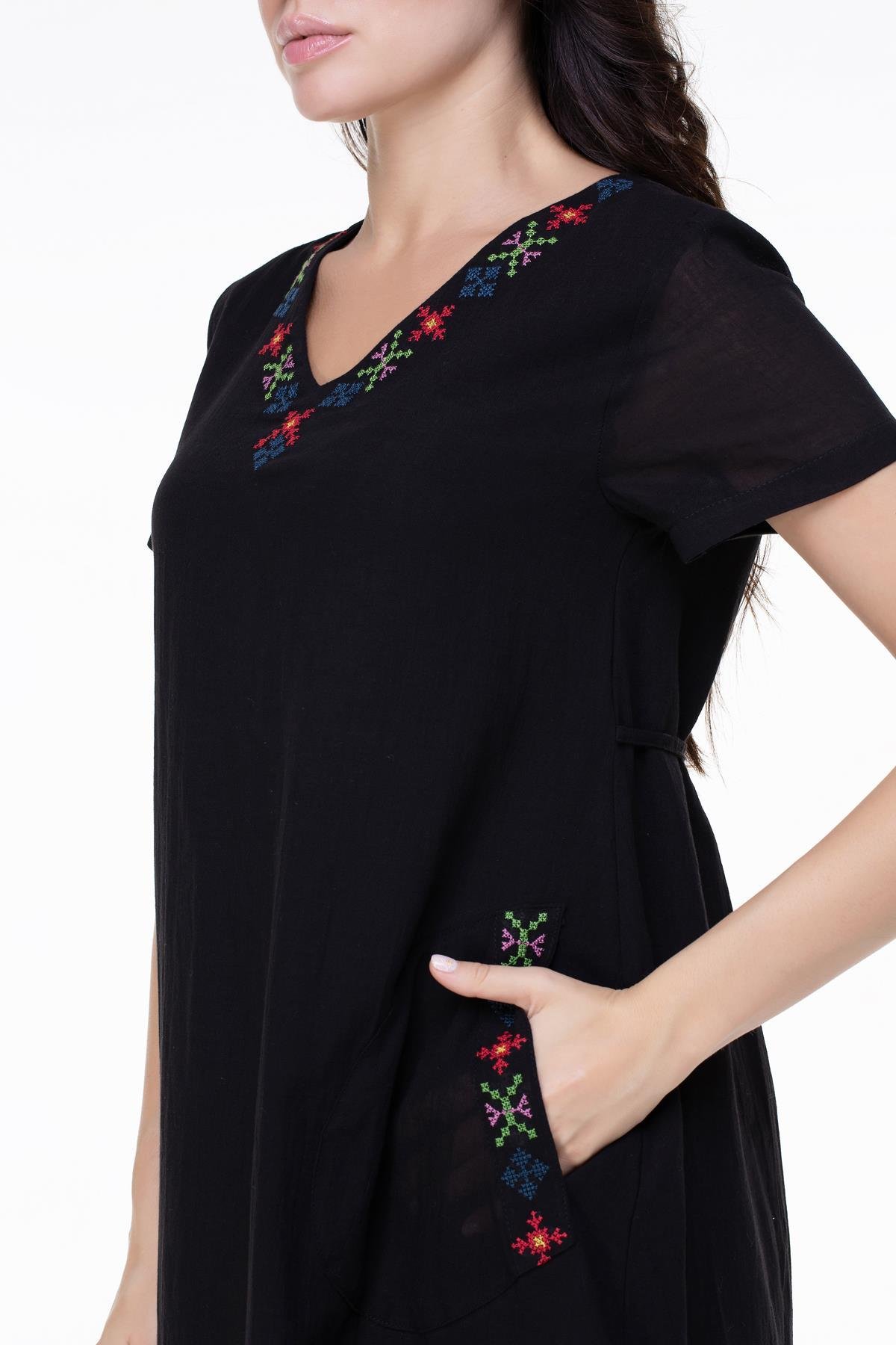 Kısa Kol Şile Bezi Mehtap Midi Boy Nakış Detaylı Elbise Siyah Syh