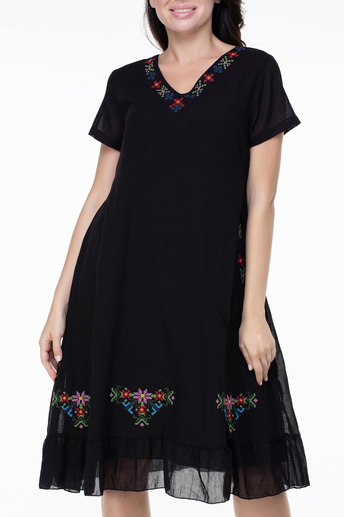 Kısa Kol Şile Bezi Mehtap Midi Boy Nakış Detaylı Elbise Siyah Syh