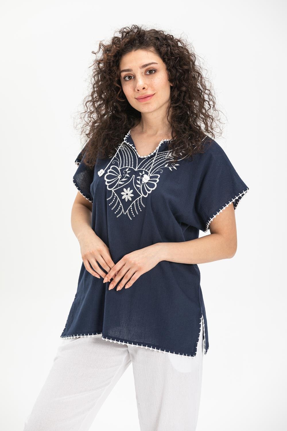 Kısa Kol Şile Bezi Naz Bluz Lacivert Lcvt