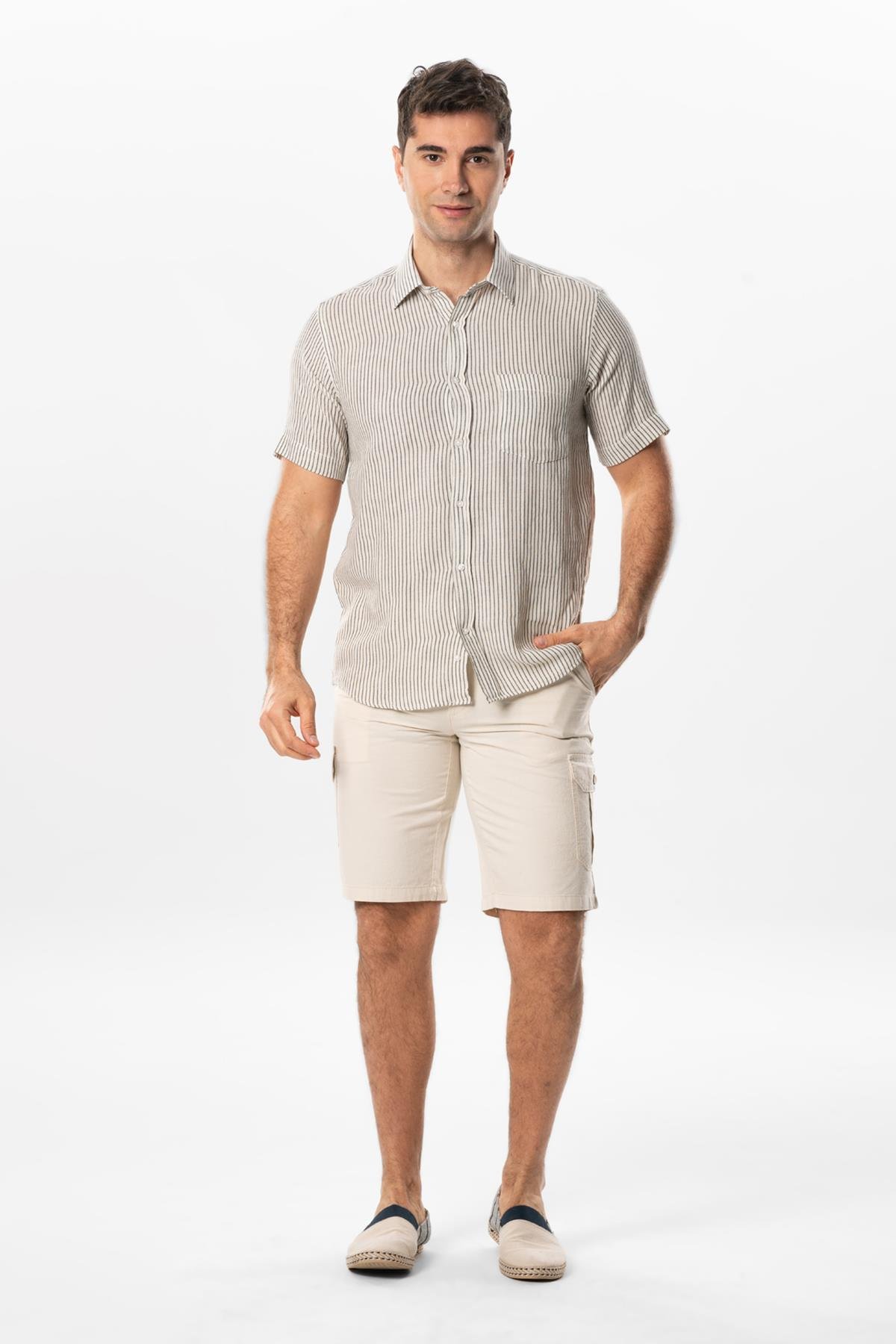 Kısa Kol Şile Bezi Tek Cepli Erkek Yazlık Gömlek Siyah Krem Çizgili 3081