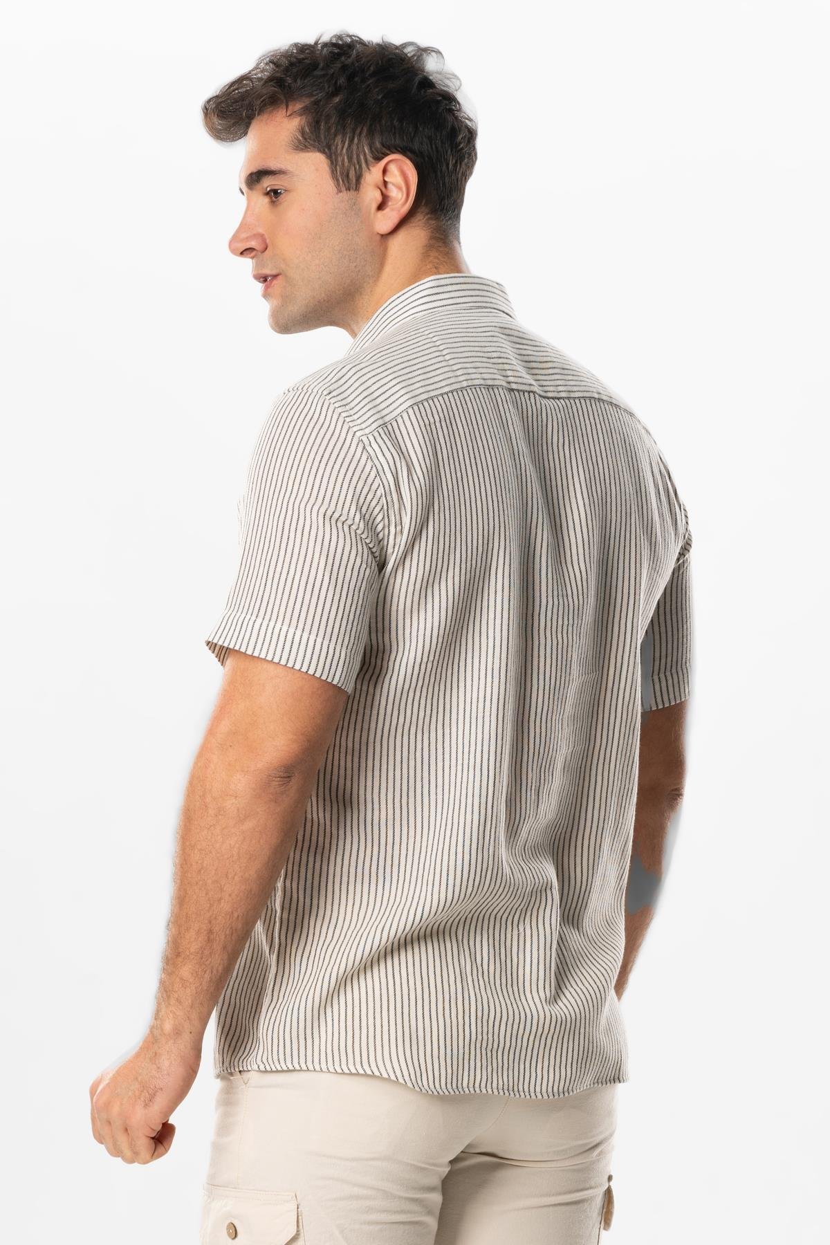 Kısa Kol Şile Bezi Tek Cepli Erkek Yazlık Gömlek Siyah Krem Çizgili 3081