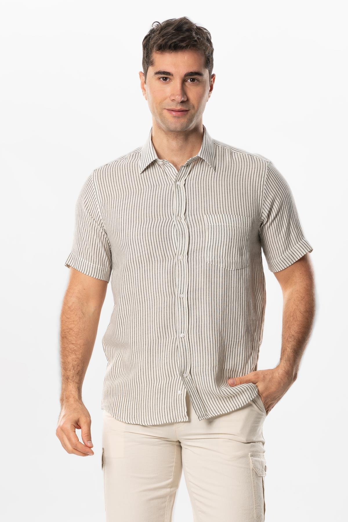 Kısa Kol Şile Bezi Tek Cepli Erkek Yazlık Gömlek Siyah Krem Çizgili 3081