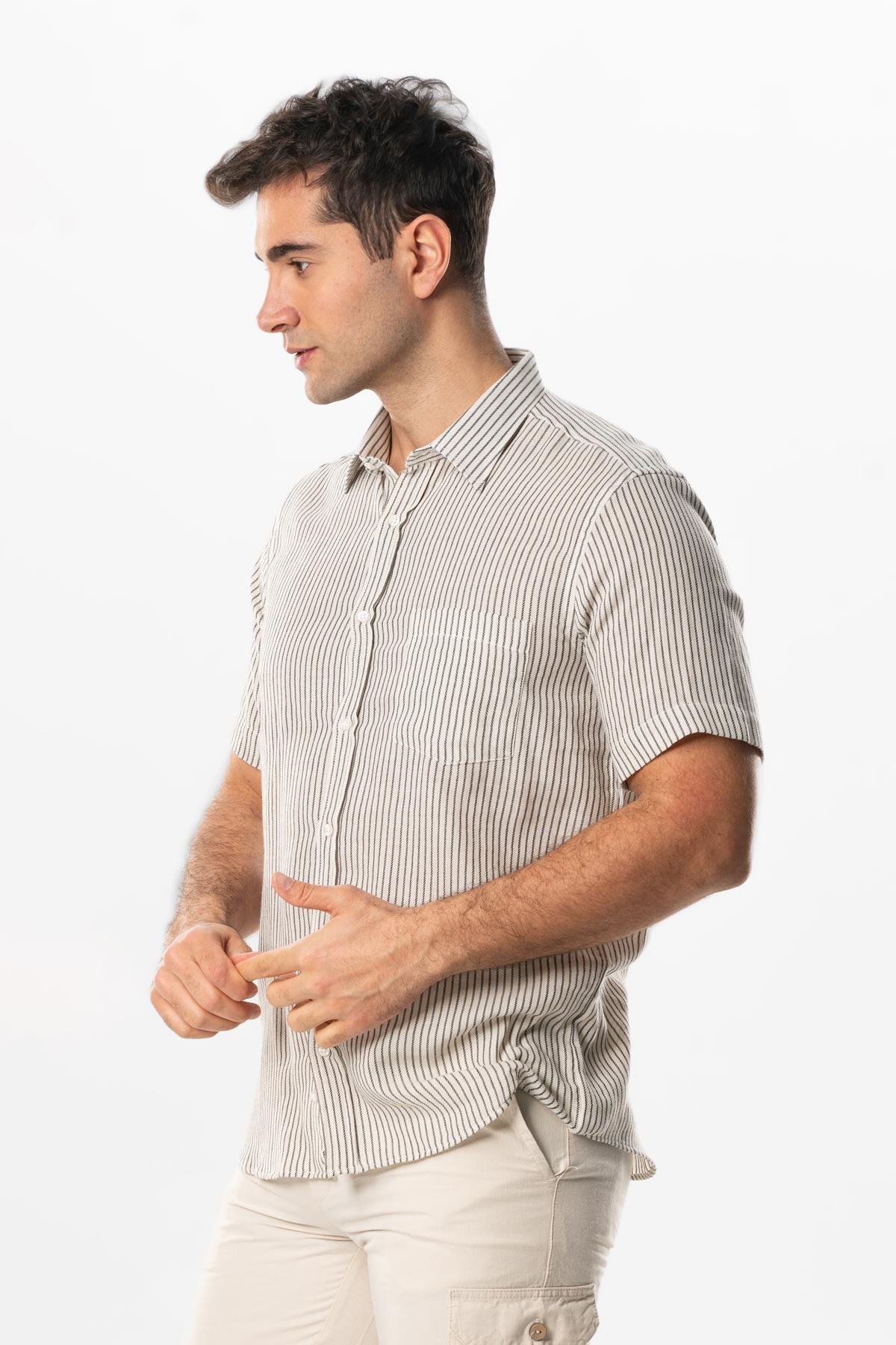 Kısa Kol Şile Bezi Tek Cepli Erkek Yazlık Gömlek Siyah Krem Çizgili 3081