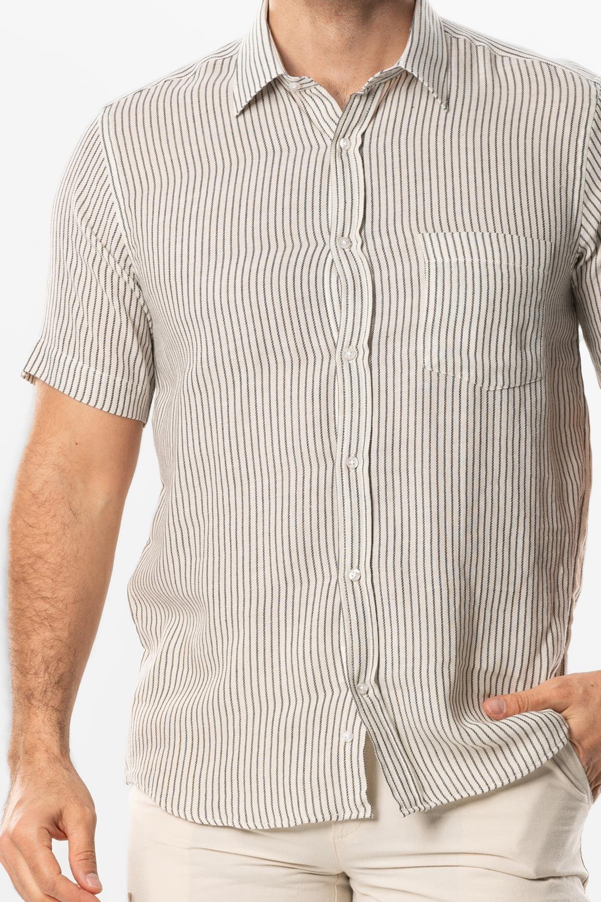 Kısa Kol Şile Bezi Tek Cepli Erkek Yazlık Gömlek Siyah Krem Çizgili 3081