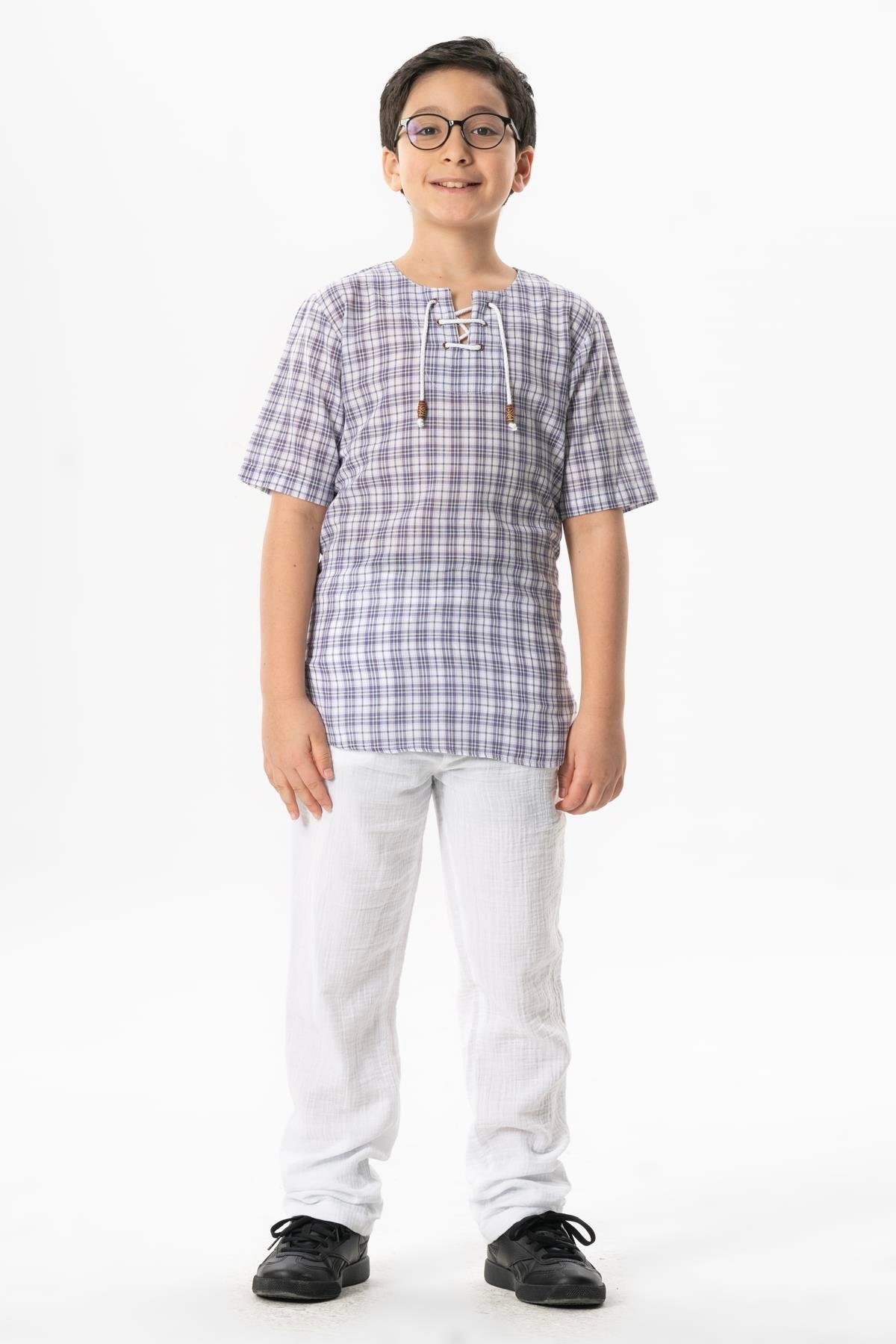 Kısa Kol Şile Bezi Zımbalı Yazlık Erkek Çocuk Tshirt Mor Kareli 3035