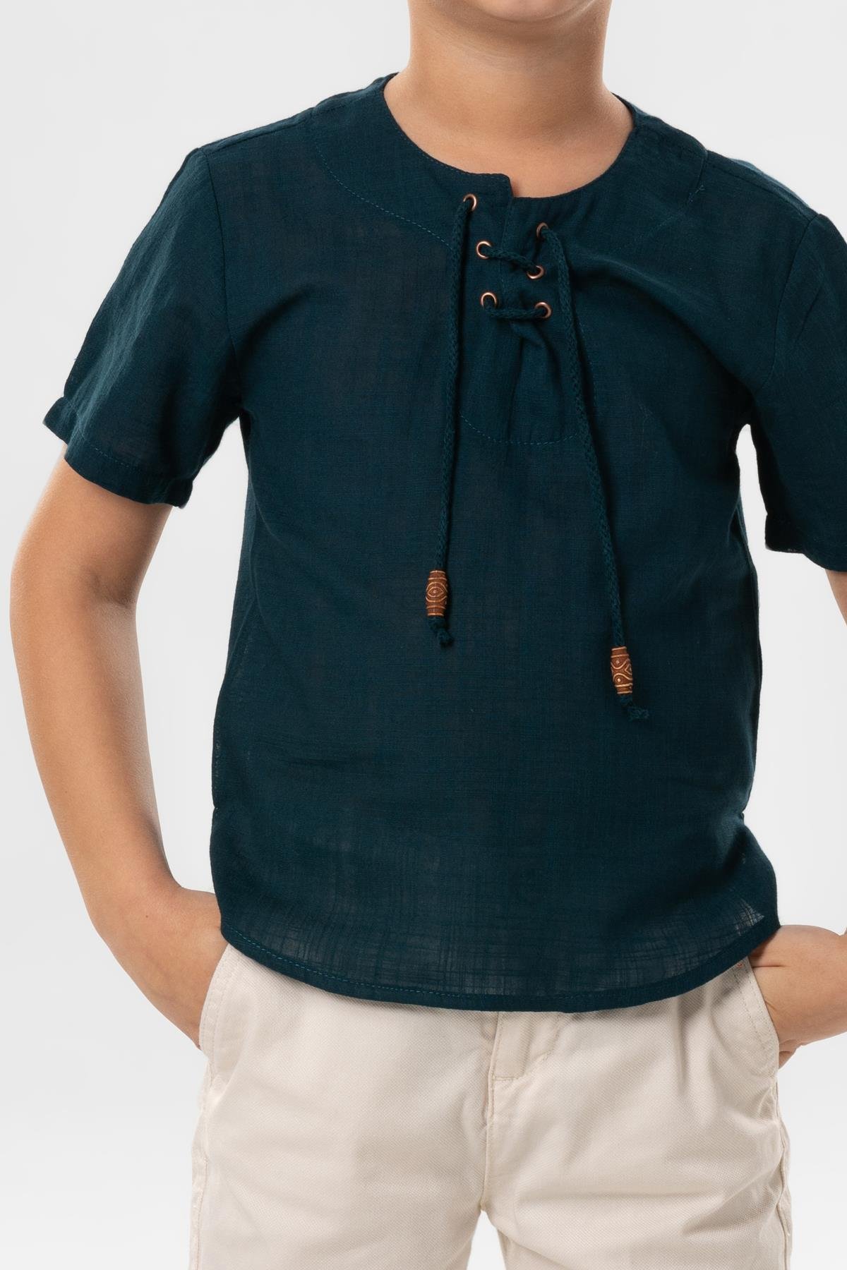 Kısa Kol Şile Bezi Zımbalı Yazlık Erkek Çocuk Tshirt Koyu Petrol 3069