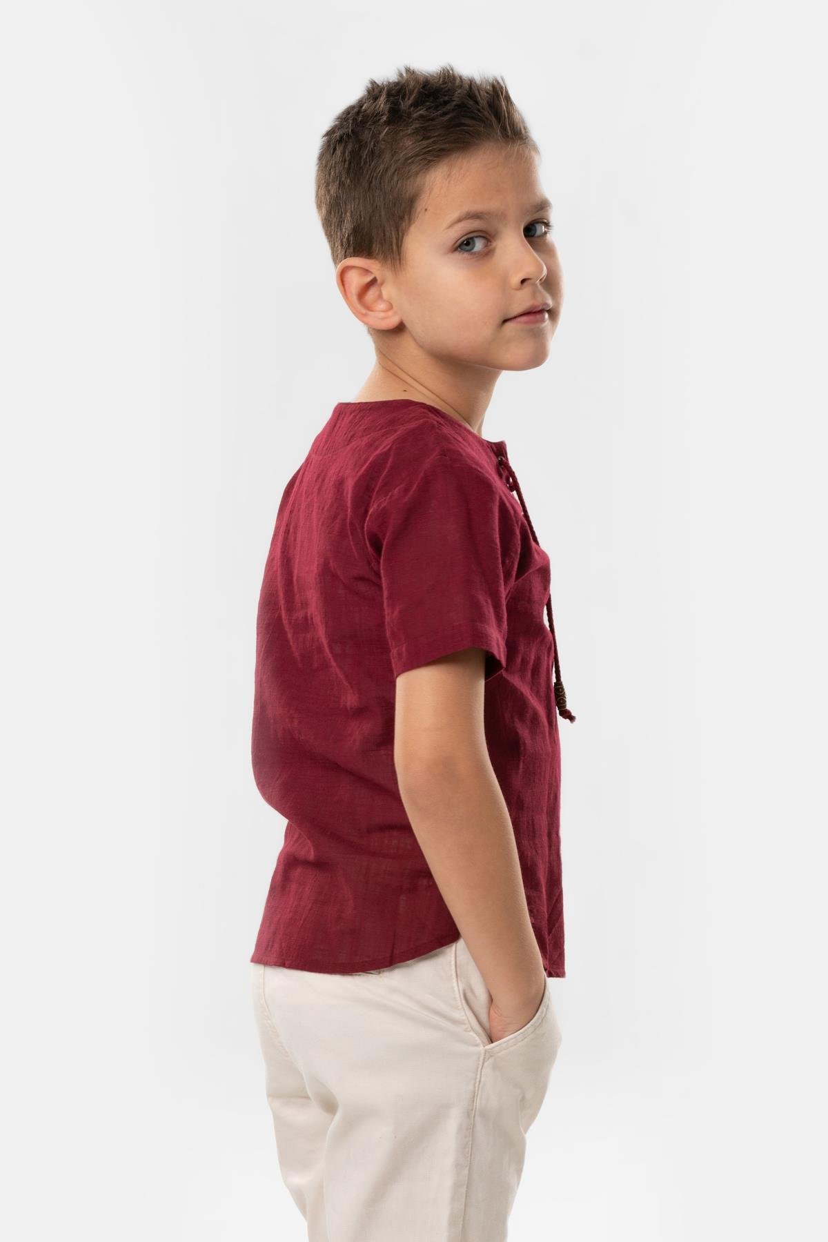 Kısa Kol Şile Bezi Zımbalı Yazlık Erkek Çocuk Tshirt Koyu Bordo 3068