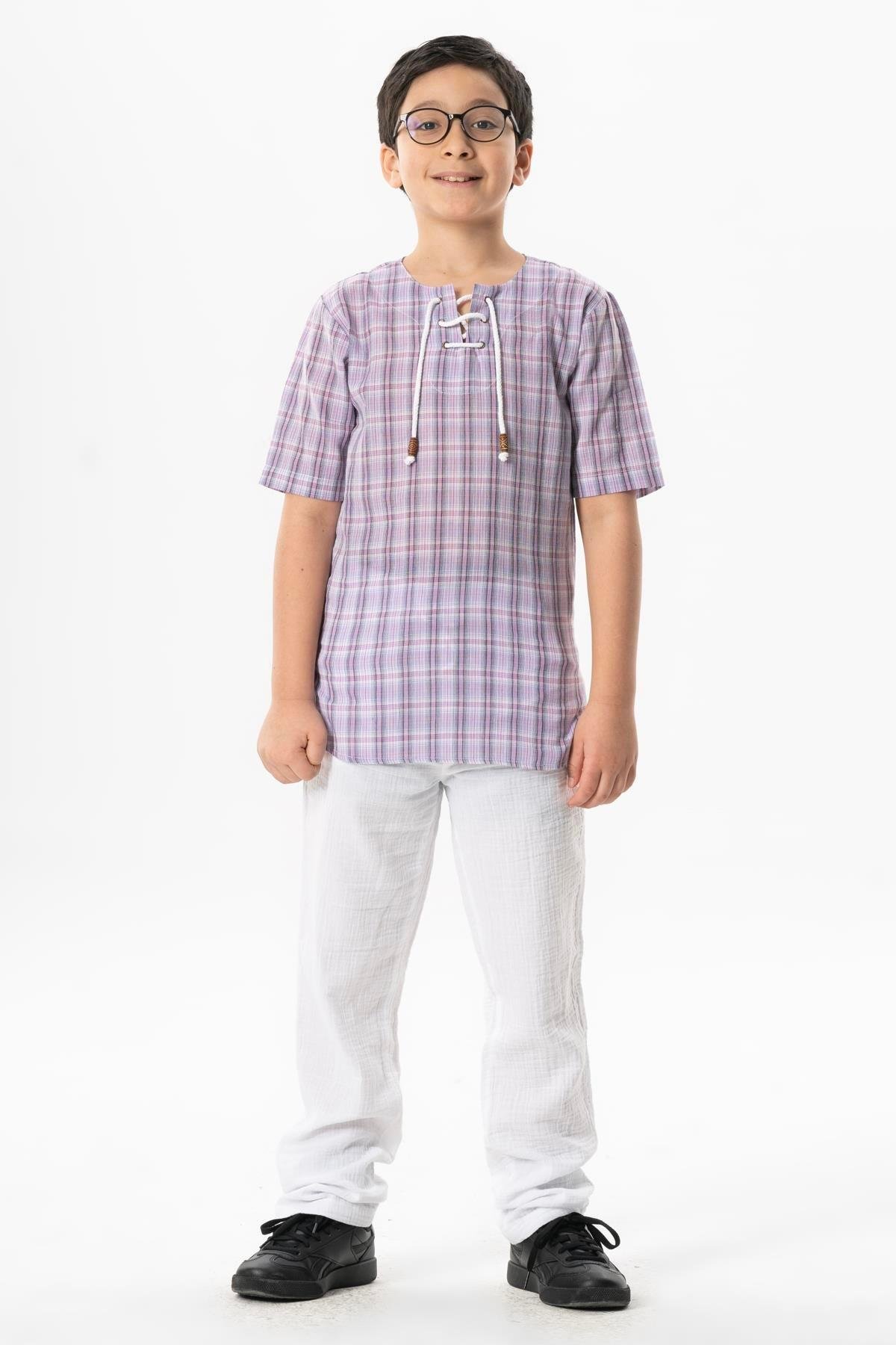 Kısa Kol Şile Bezi Zımbalı Yazlık Erkek Çocuk Tshirt Lila Ekose 3036