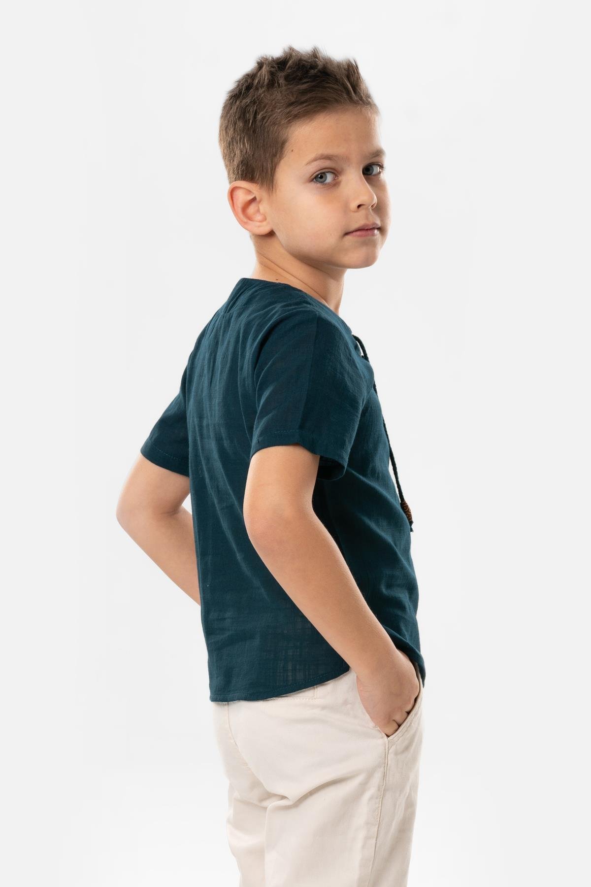 Kısa Kol Şile Bezi Zımbalı Yazlık Erkek Çocuk Tshirt Koyu Petrol 3069