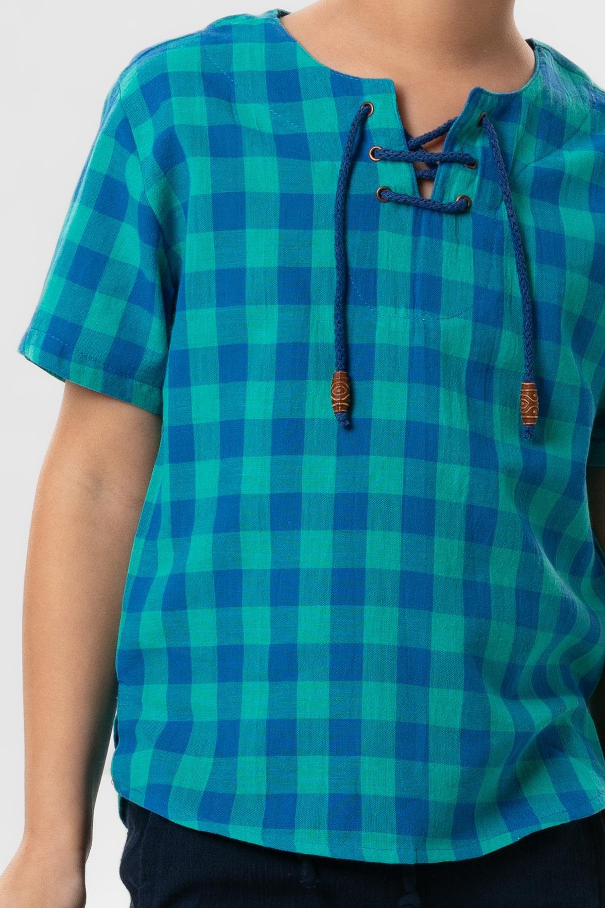 Kısa Kol Şile Bezi Zımbalı Yazlık Erkek Çocuk Tshirt Mint Kareli 3033