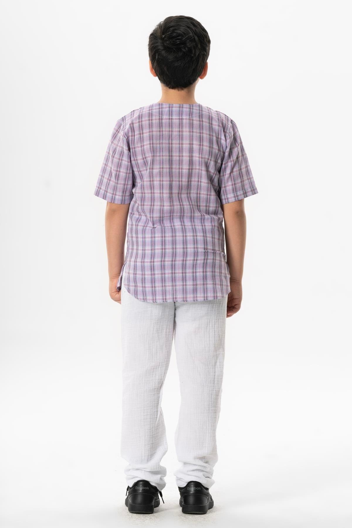 Kısa Kol Şile Bezi Zımbalı Yazlık Erkek Çocuk Tshirt Lila Ekose 3036