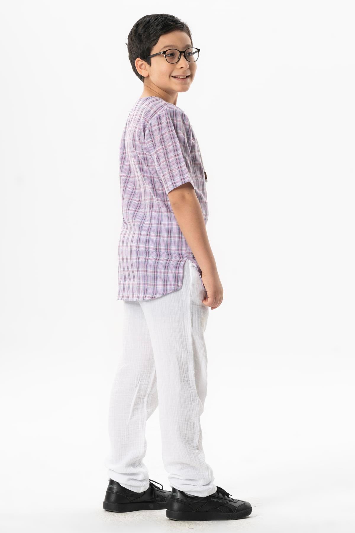 Kısa Kol Şile Bezi Zımbalı Yazlık Erkek Çocuk Tshirt Lila Ekose 3036