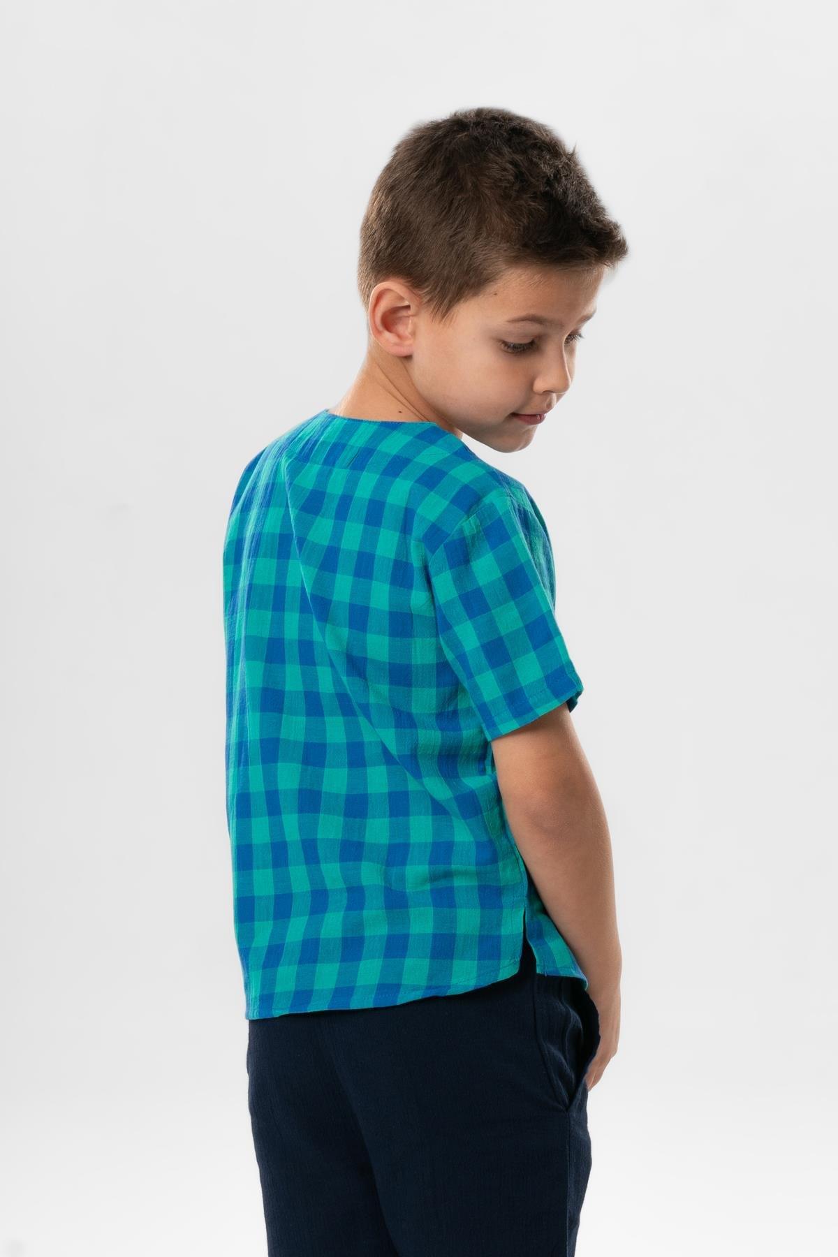 Kısa Kol Şile Bezi Zımbalı Yazlık Erkek Çocuk Tshirt Mint Kareli 3033