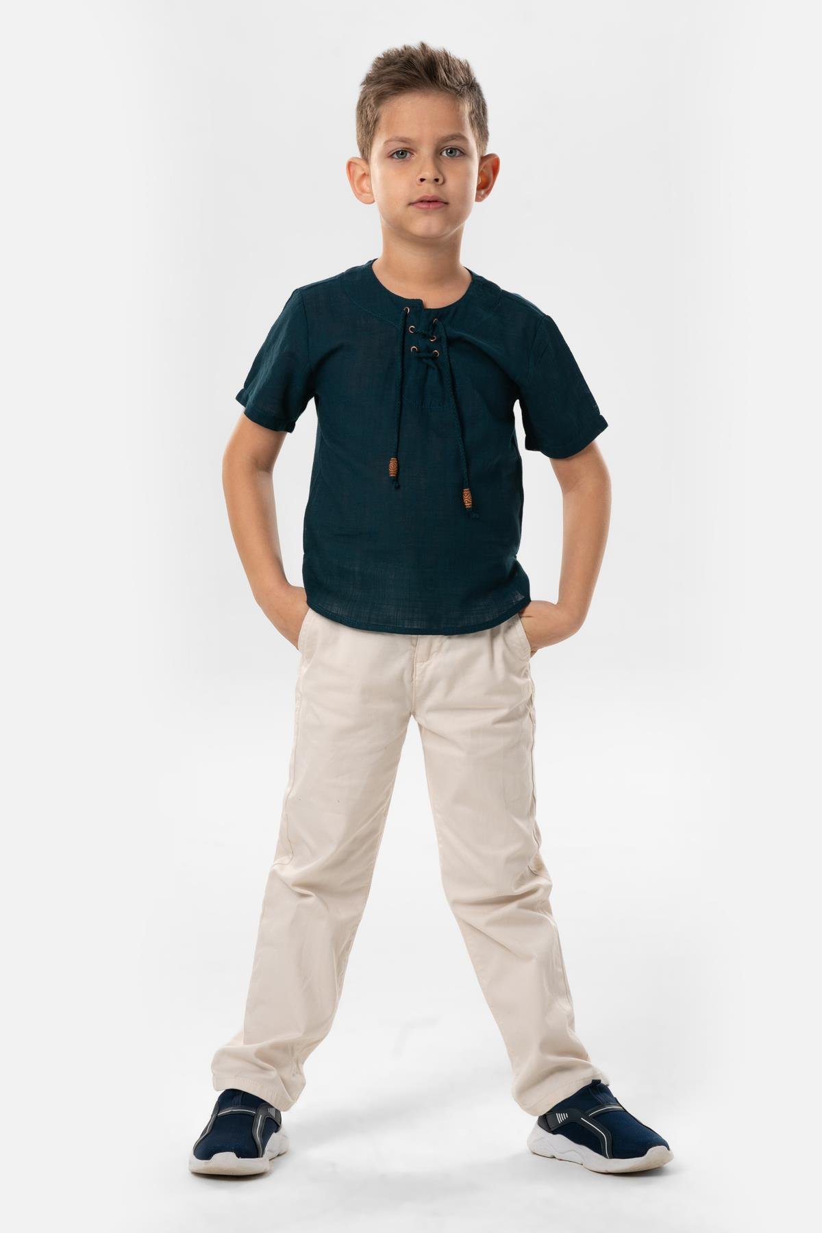 Kısa Kol Şile Bezi Zımbalı Yazlık Erkek Çocuk Tshirt Koyu Petrol 3069
