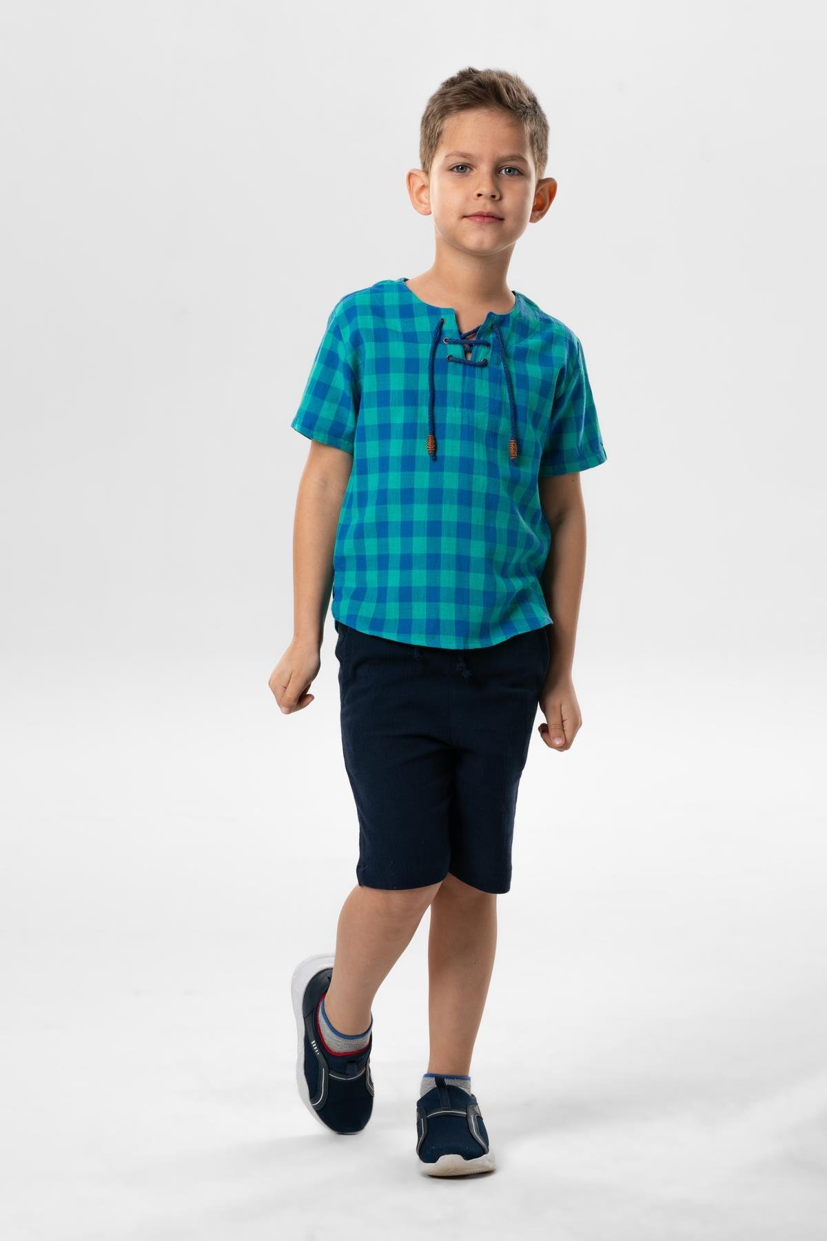 Kısa Kol Şile Bezi Zımbalı Yazlık Erkek Çocuk Tshirt Mint Kareli 3033