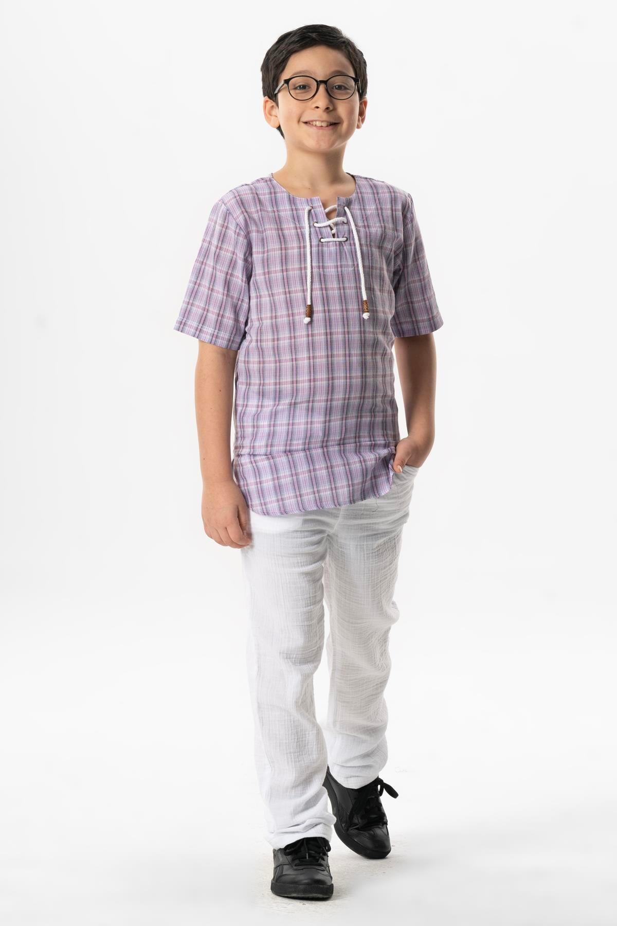 Kısa Kol Şile Bezi Zımbalı Yazlık Erkek Çocuk Tshirt Lila Ekose 3036