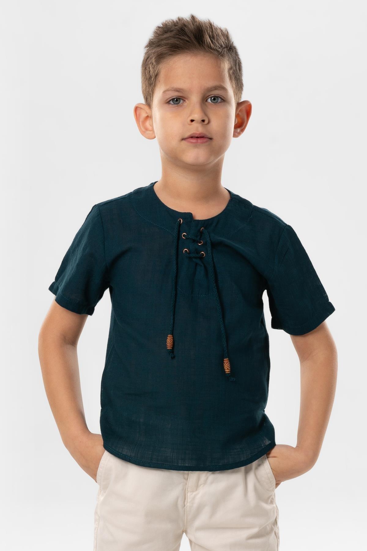 Kısa Kol Şile Bezi Zımbalı Yazlık Erkek Çocuk Tshirt Koyu Petrol 3069
