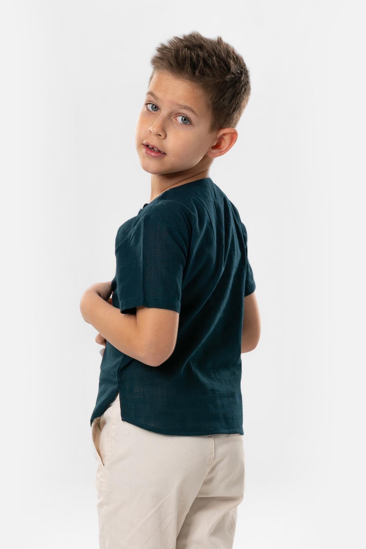 Kısa Kol Şile Bezi Zımbalı Yazlık Erkek Çocuk Tshirt Koyu Petrol 3069